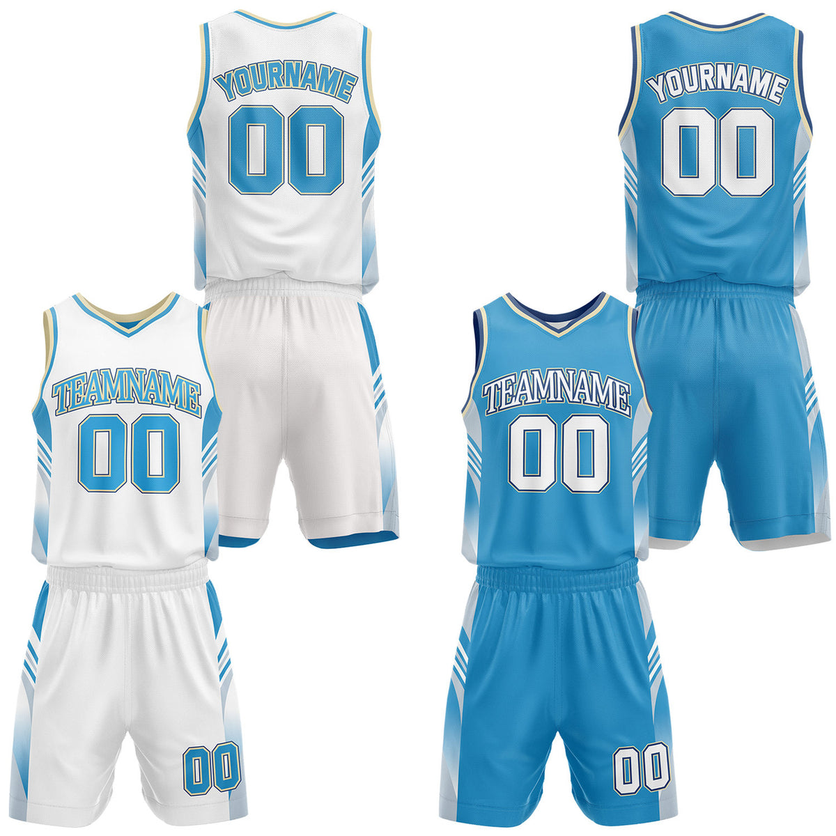 Custom white &amp; light blue reversible basketball uniform by Vosoli. Personalized with team name, number, and logo. Breathable mesh jersey and shorts for high school, college, AAU teams.