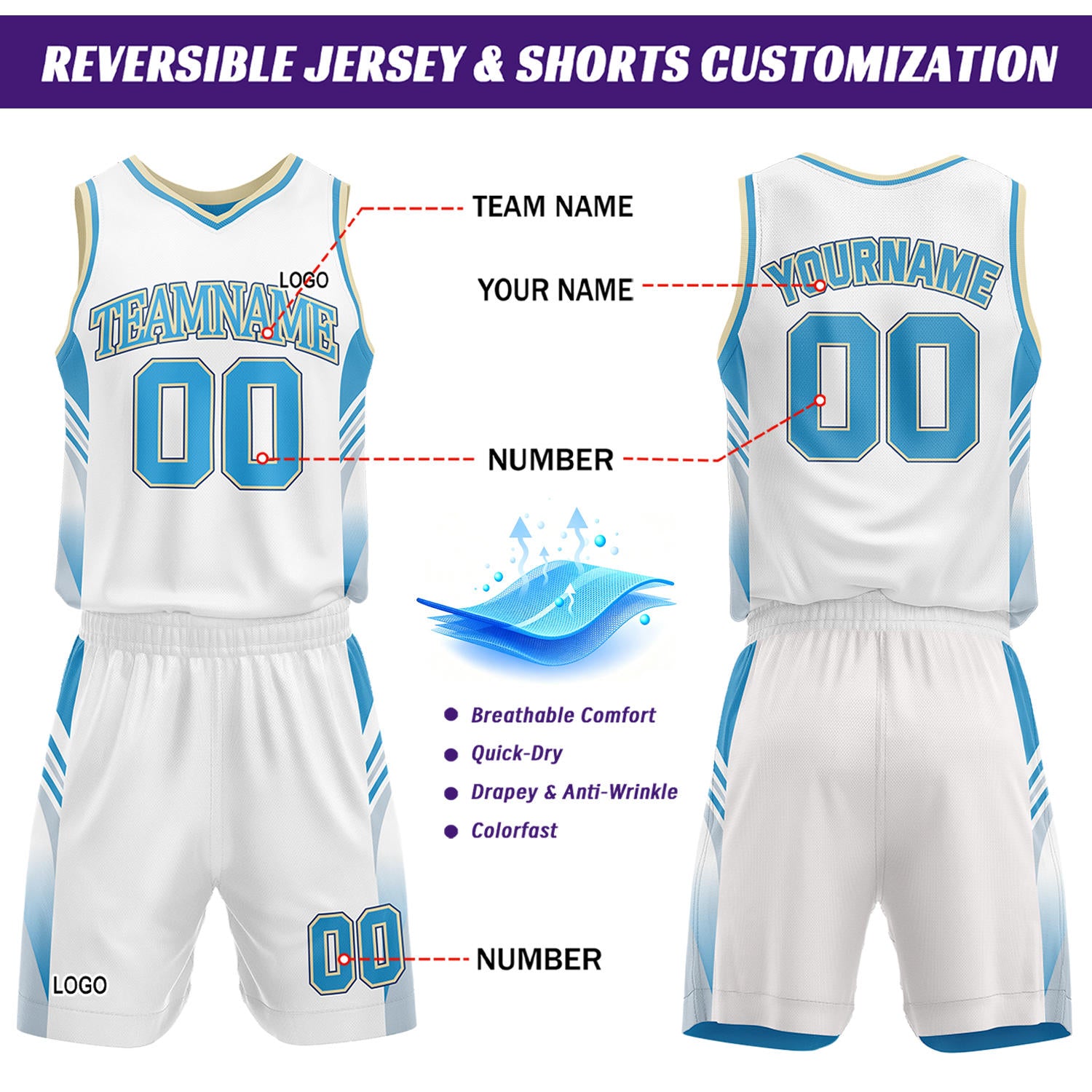 Custom White & Light Blue Reversible Basketball Uniform Set | Personalized Team Jersey Kit