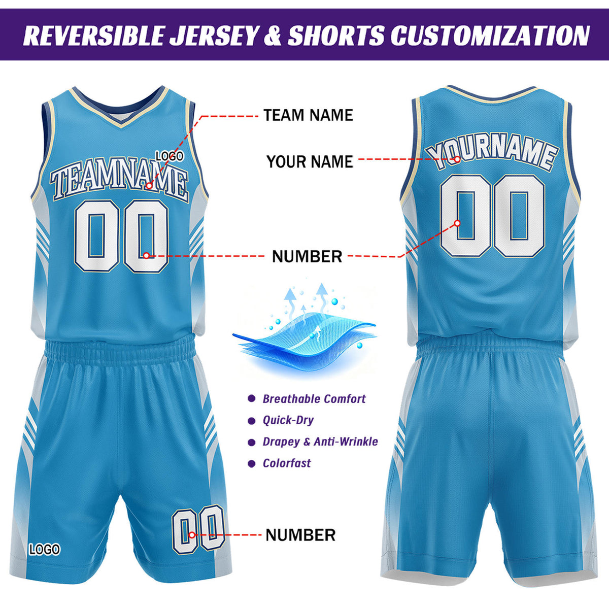 Custom White & Light Blue Reversible Basketball Uniform Set | Personalized Team Jersey Kit
