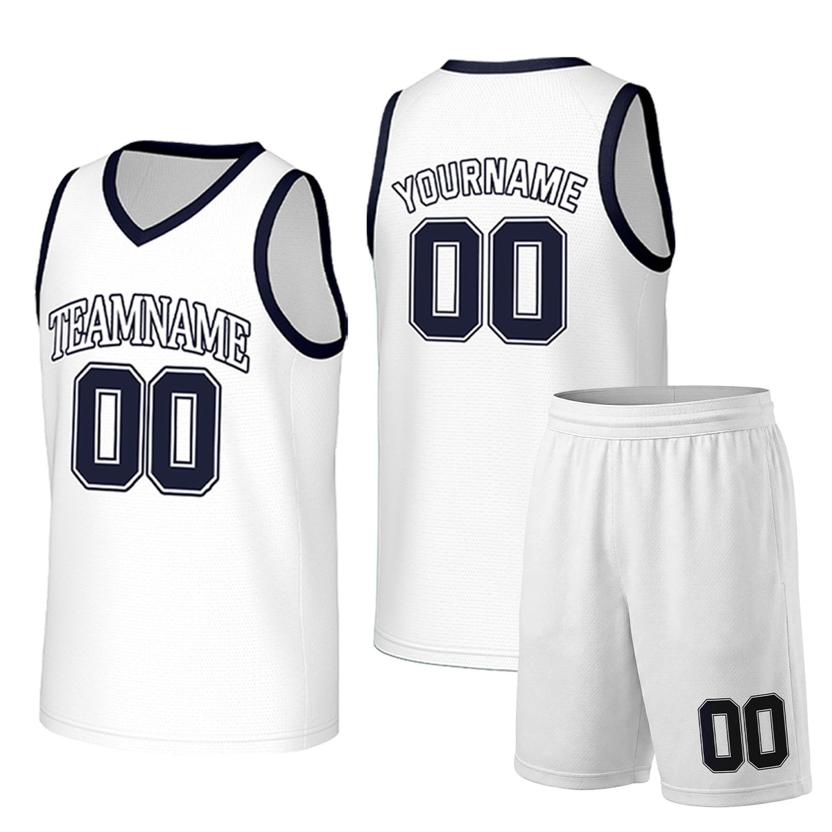 Custom white and navy basketball uniform set by Vosoli. Personalized team name, player name, number and logo. Breathable mesh jersey and shorts for high school, college and AAU teams.