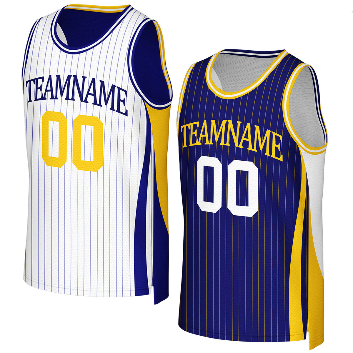 Custom white & navy blue pinstripe reversible basketball jersey with gold trim by Vosoli. Personalized with team name, number, and logo. Breathable mesh jersey for high school, college, AAU teams.