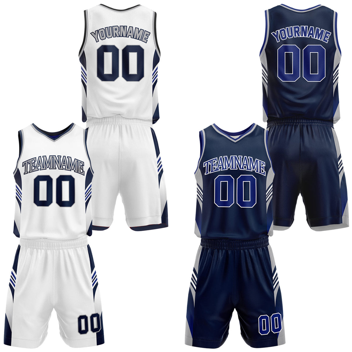 Custom white and navy reversible basketball uniform by Vosoli. Personalized with team name, number, and logo. Breathable mesh jersey and shorts for high school, college, AAU teams.