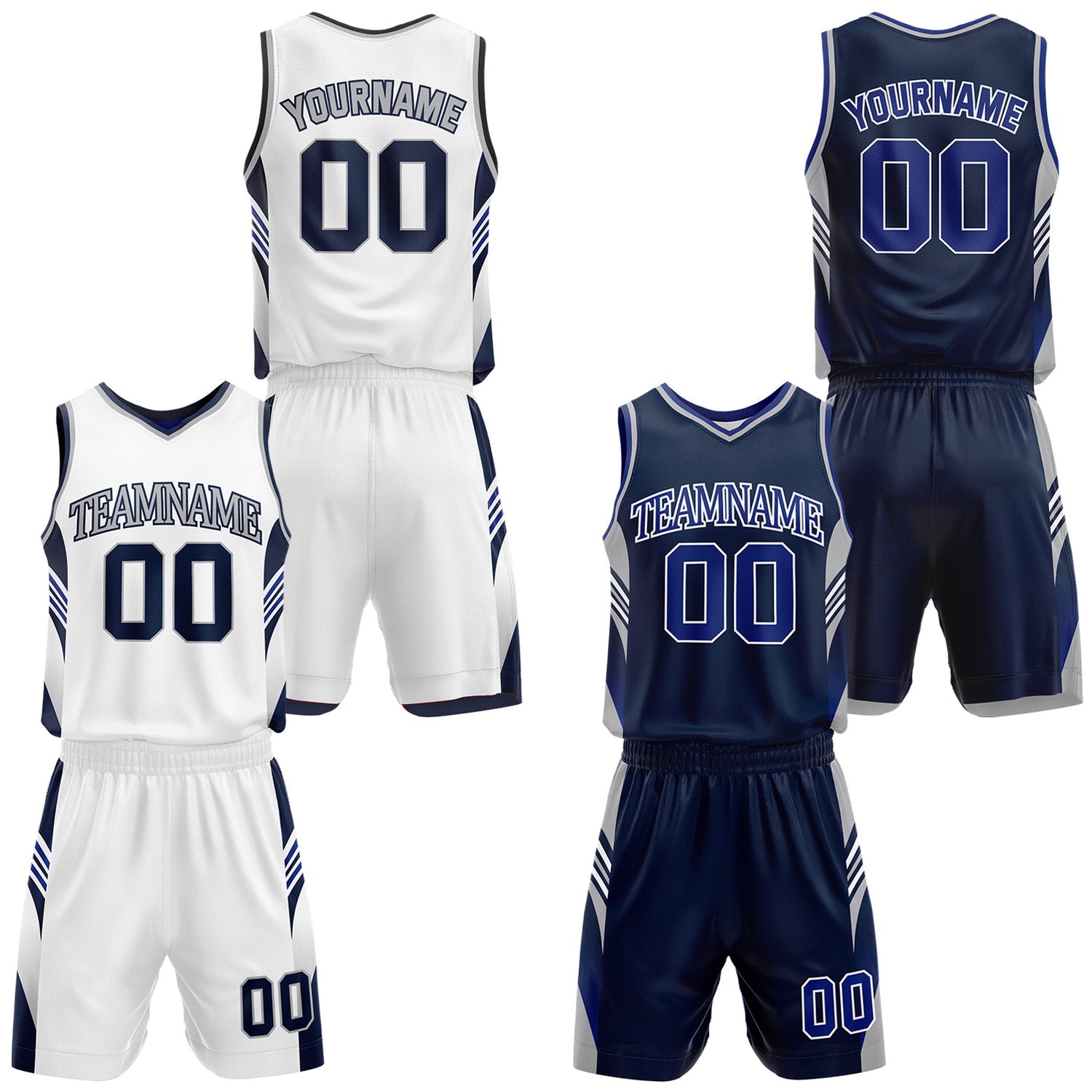 Custom white and navy reversible basketball uniform by Vosoli. Personalized with team name, number, and logo. Breathable mesh jersey and shorts for high school, college, AAU teams.