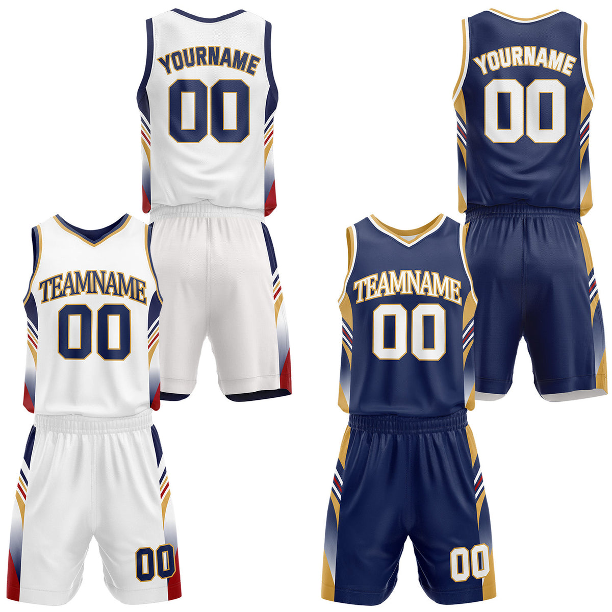 Custom white &amp; navy reversible basketball uniform by Vosoli. Personalized with team name, number, and logo. Breathable mesh jersey and shorts for high school, college, AAU teams.