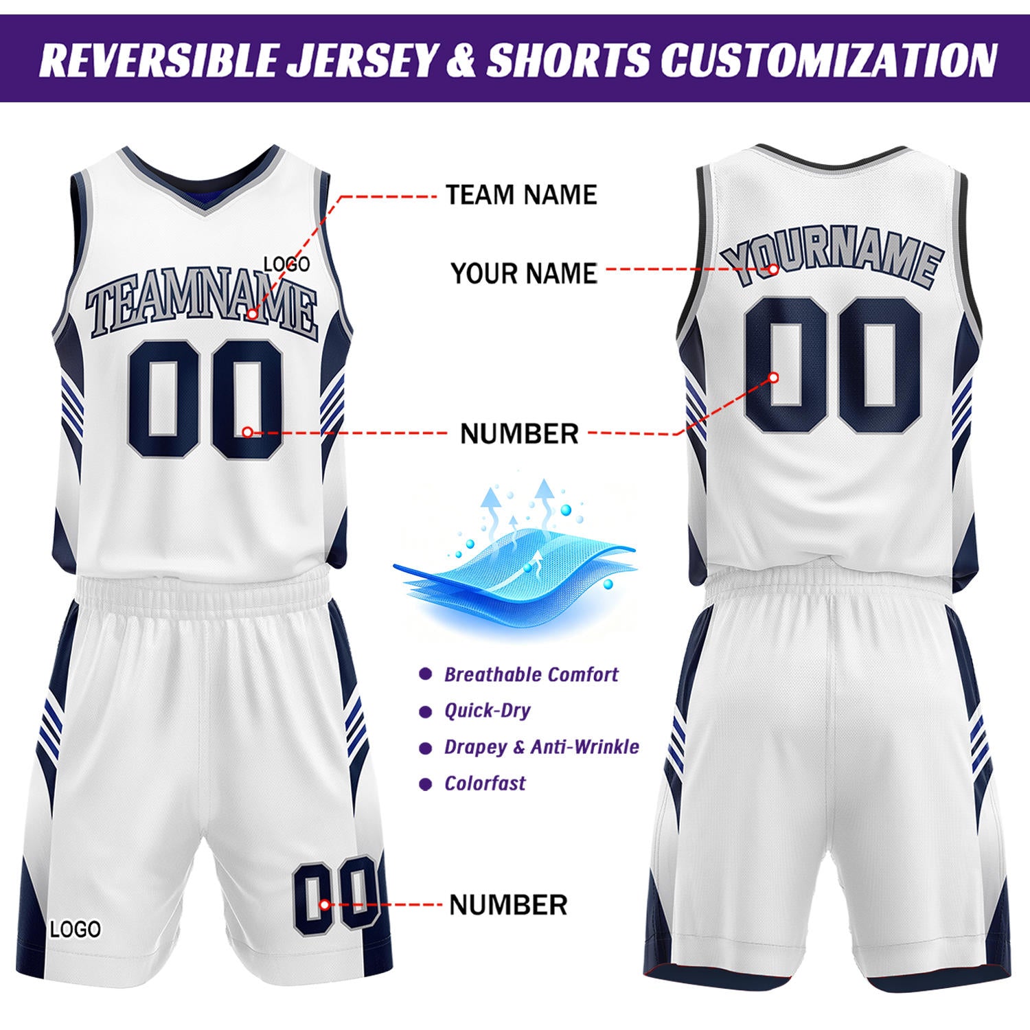 Custom White & Navy Reversible Basketball Uniform Set | Personalized Team Jersey Kit