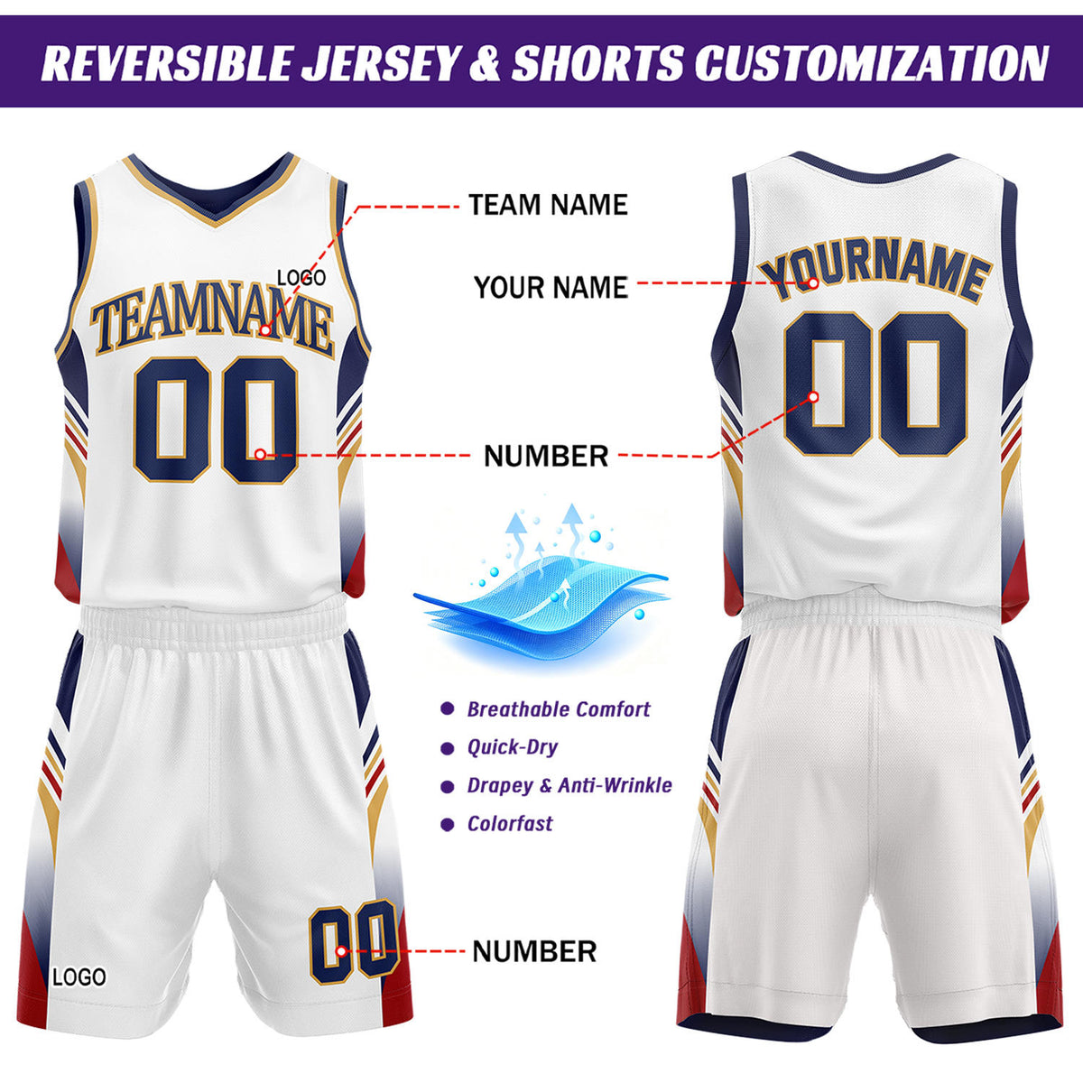 Custom White & Navy Reversible Basketball Uniform Set | Personalized Team Jersey Kit