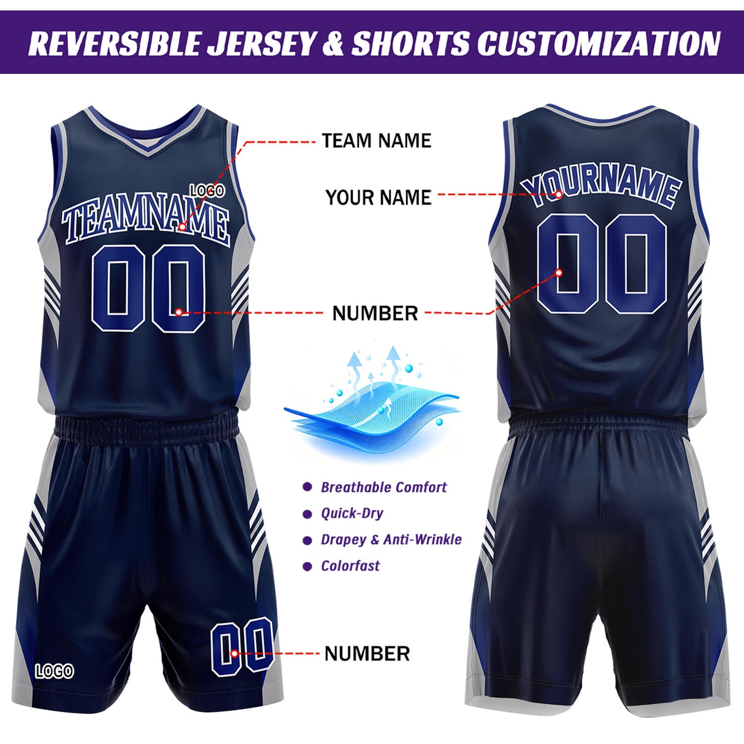 Custom White & Navy Reversible Basketball Uniform Set | Personalized Team Jersey Kit