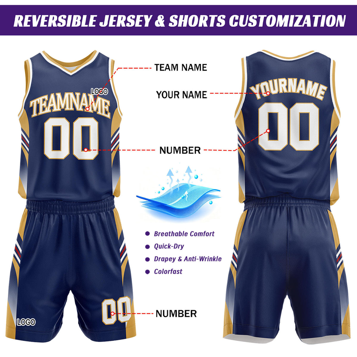 Custom White & Navy Reversible Basketball Uniform Set | Personalized Team Jersey Kit