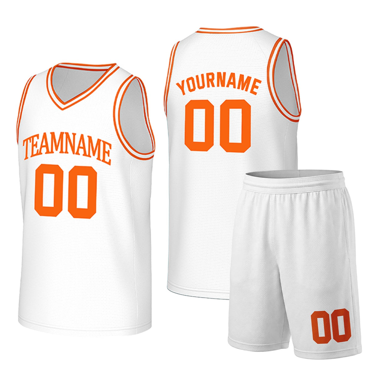 Custom white and orange basketball uniform set by Vosoli. Personalized team name, player name, number and logo. Breathable mesh jersey and shorts for high school, college and AAU teams.