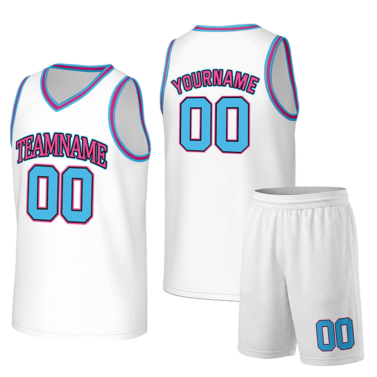 Custom white pink basketball uniform set by Vosoli. Personalized team name, player name, number and logo. Breathable mesh jersey and shorts for high school, college and AAU teams.