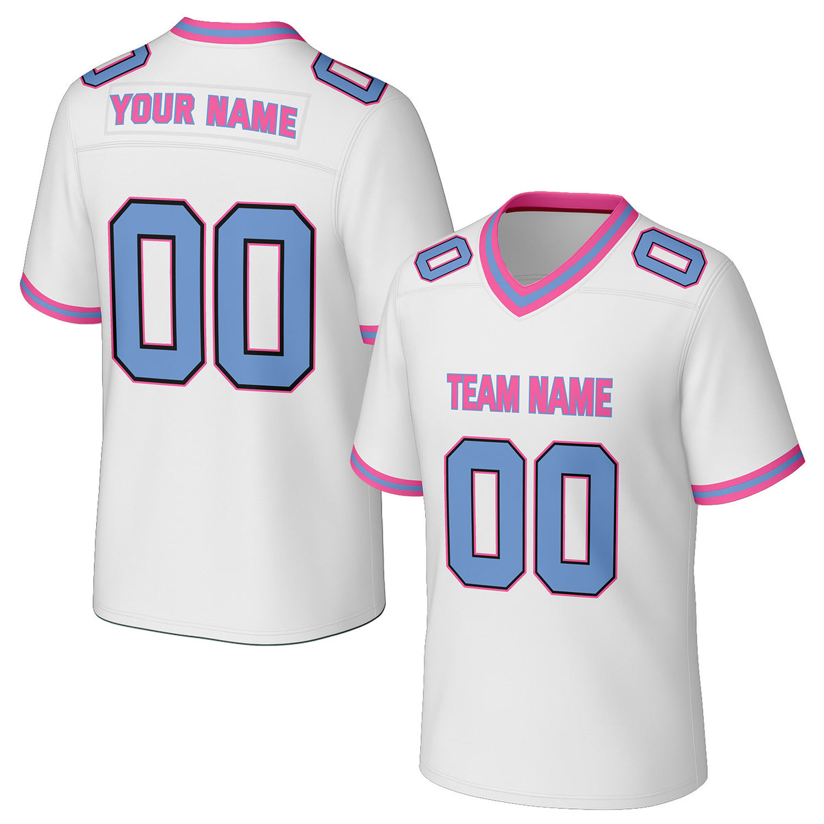 Custom white blue &amp; pink football jersey by Vosoli. Personalized with team name, number, and logo. Breathable mesh jersey for high school, college, football teams.