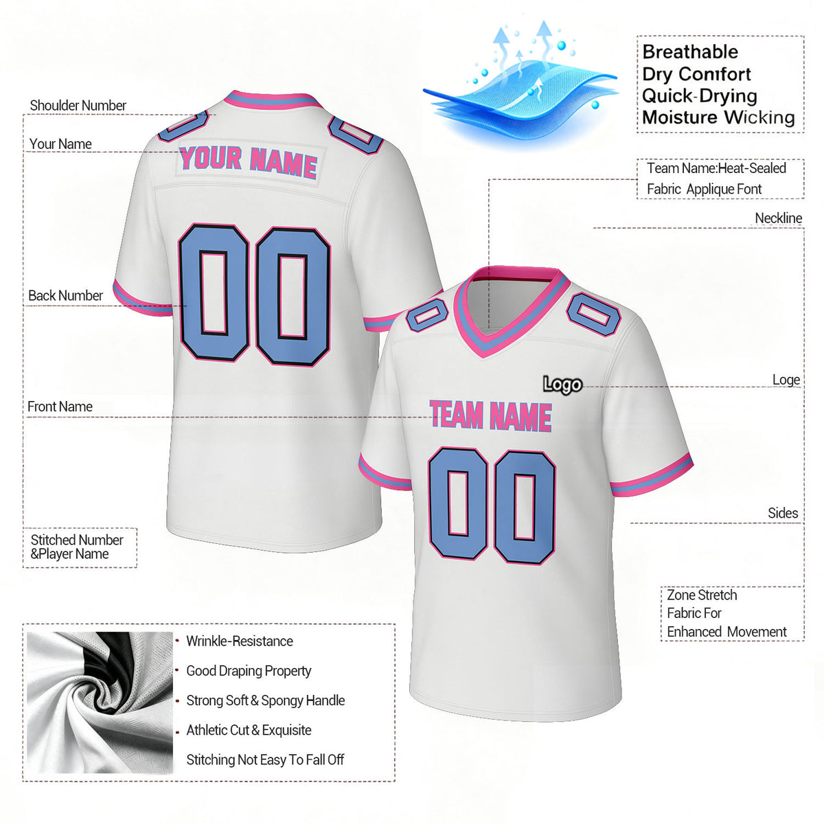 Custom White & Pink Football Jersey | Personalized Football Team Uniform Top