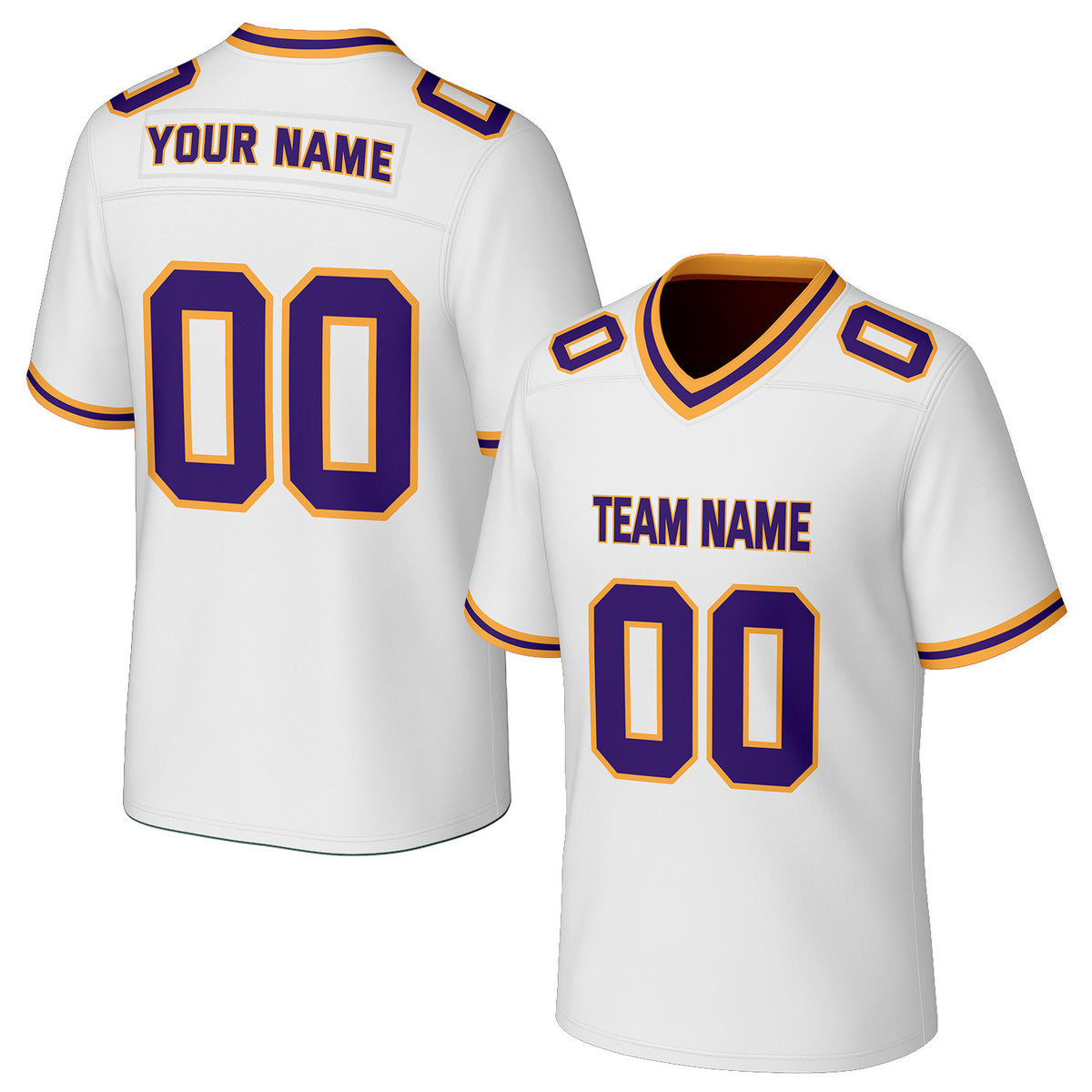 Custom white &amp; purple football jersey by Vosoli. Personalized with team name, number, and logo. Breathable mesh jersey for high school, college, football teams.