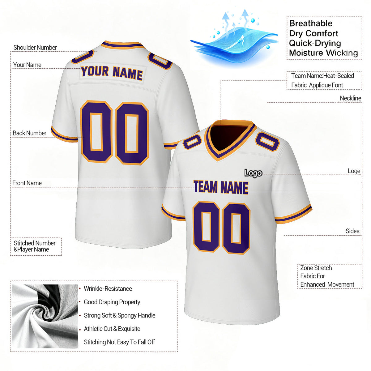 Custom White & Purple Football Jersey | Personalized Football Team Uniform Top