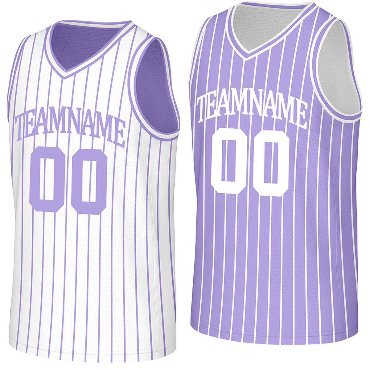 Custom white &amp; purple pinstripe reversible basketball jersey by Vosoli | Personalized team name, number &amp; logo | Breathable mesh reversible sport jersey