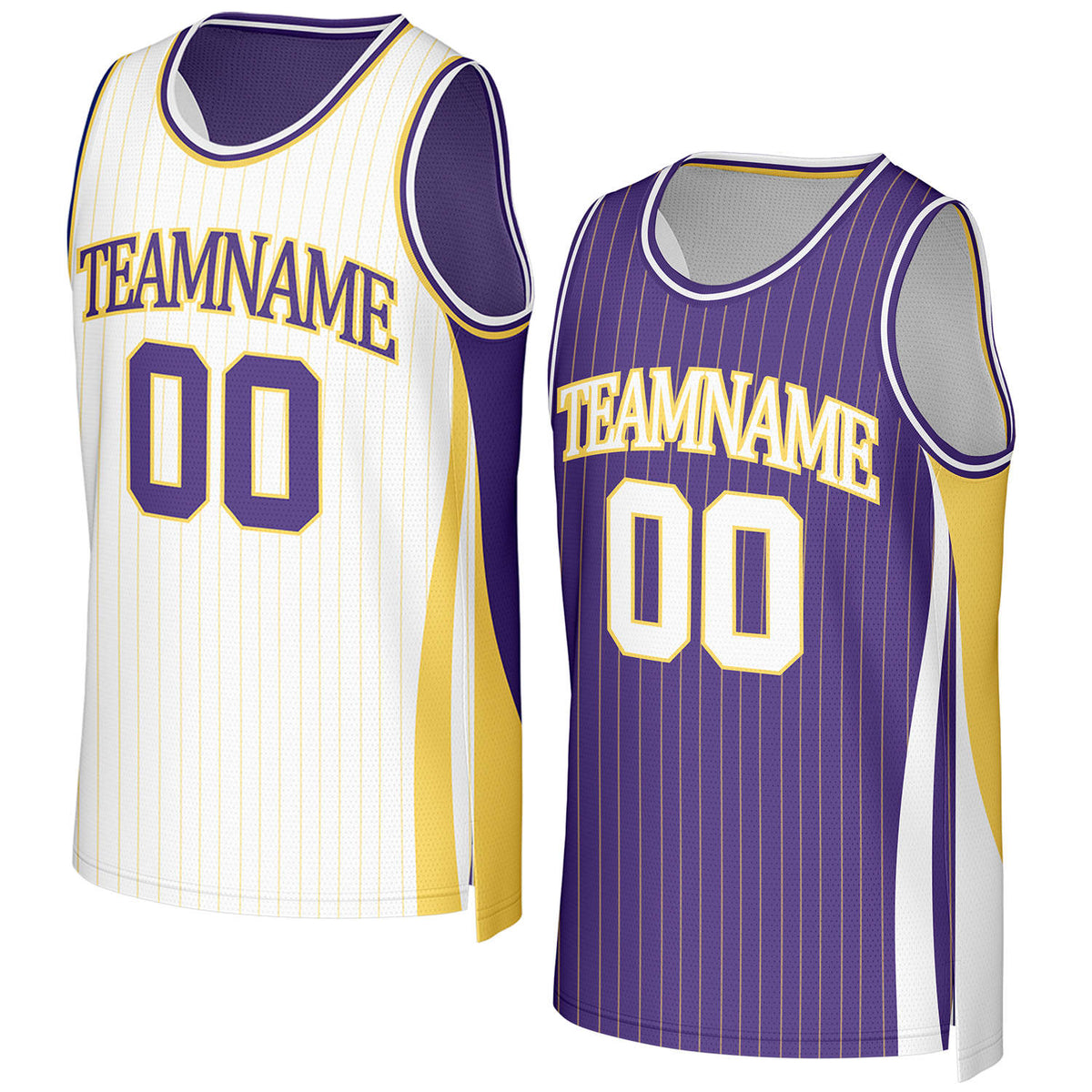 Custom white & purple pinstripe reversible basketball jersey with gold trim by Vosoli. Personalized with team name, number, and logo. Breathable mesh jersey for high school, college, AAU teams.