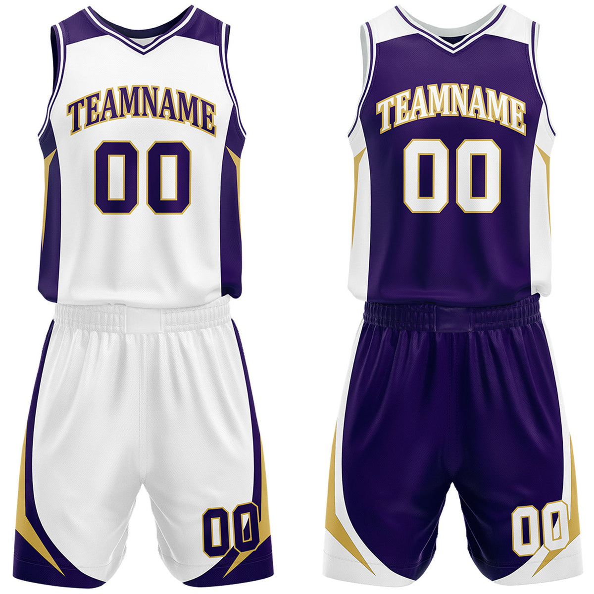 Custom white and purple with gold accents reversible basketball uniform by Vosoli. Personalized with team name, number, and logo. Breathable mesh jersey and shorts for high school, college, and AAU teams.
