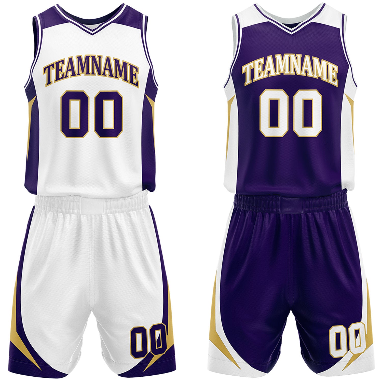 Custom white and purple with gold accents reversible basketball uniform by Vosoli. Personalized with team name, number, and logo. Breathable mesh jersey and shorts for high school, college, and AAU teams.