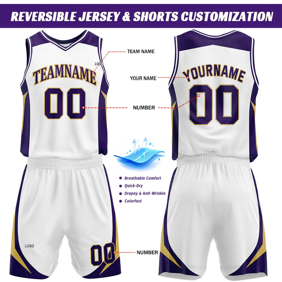 Custom White & Purple Reversible Basketball Jersey Short Set | Personalized Team Uniforms Set for Adult Youth