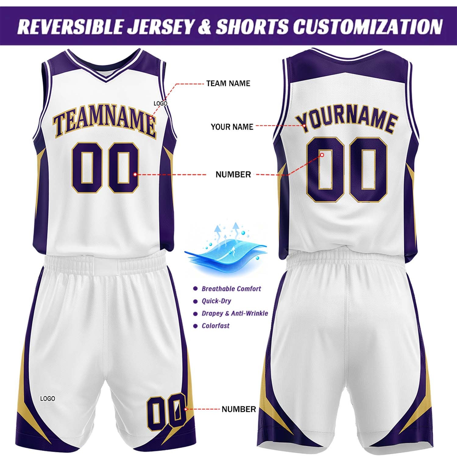 Custom White & Purple Reversible Basketball Jersey Short Set | Personalized Team Uniforms Set for Adult Youth