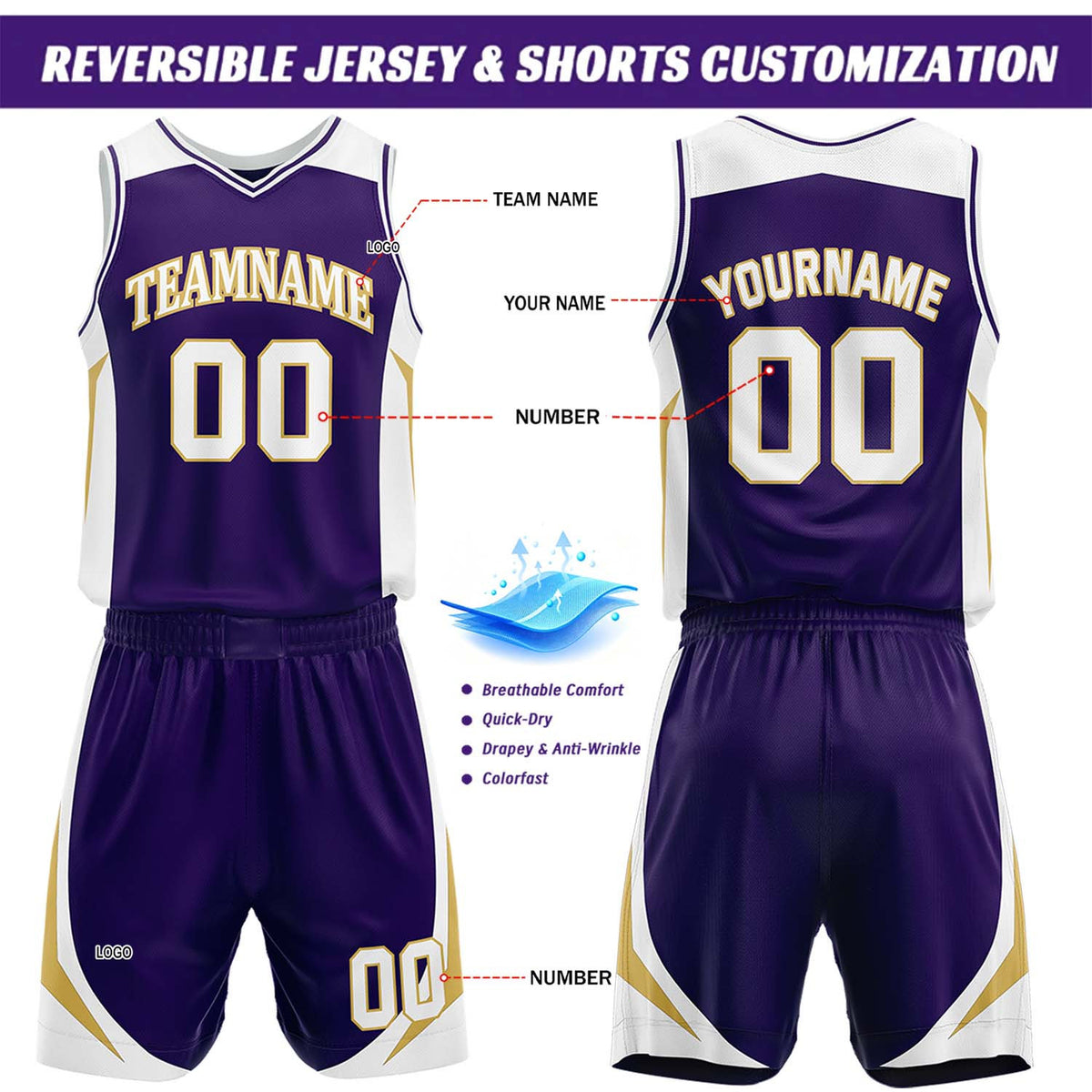 Custom White & Purple Reversible Basketball Jersey Short Set | Personalized Team Uniforms Set for Adult Youth