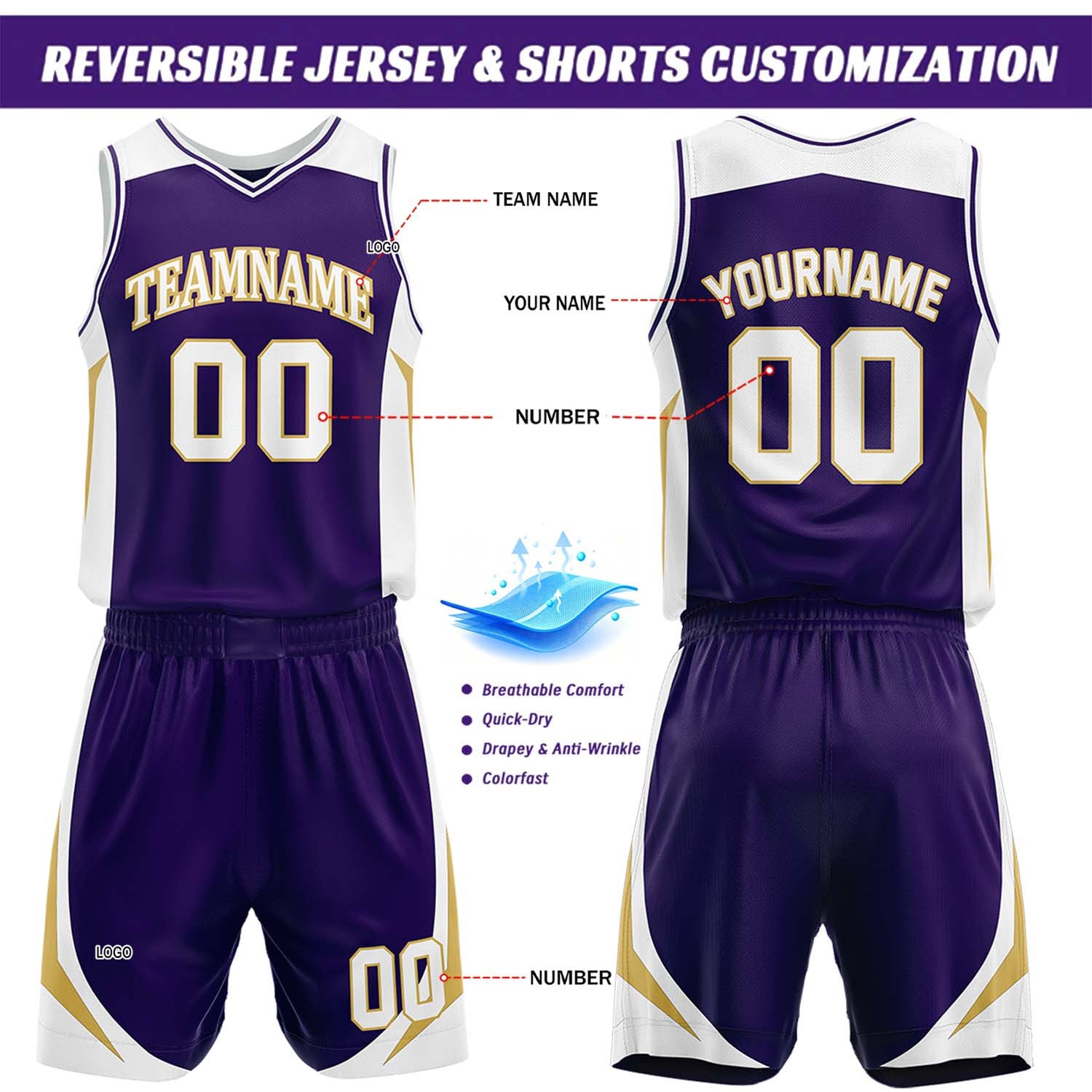 Custom White & Purple Reversible Basketball Jersey Short Set | Personalized Team Uniforms Set for Adult Youth