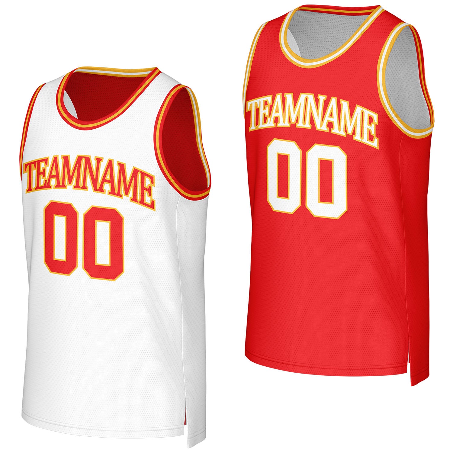 Custom white & red reversible basketball jersey by Vosoli. Personalized with team name, number, and logo. Breathable mesh jersey for high school, college, AAU teams.