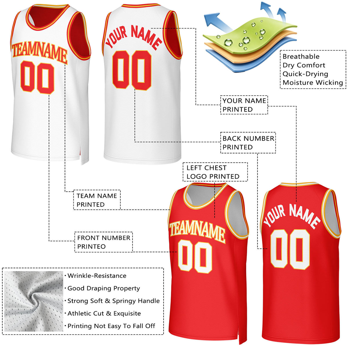Custom White & Red Reversible Basketball Jersey | Personalized Team Uniform Top