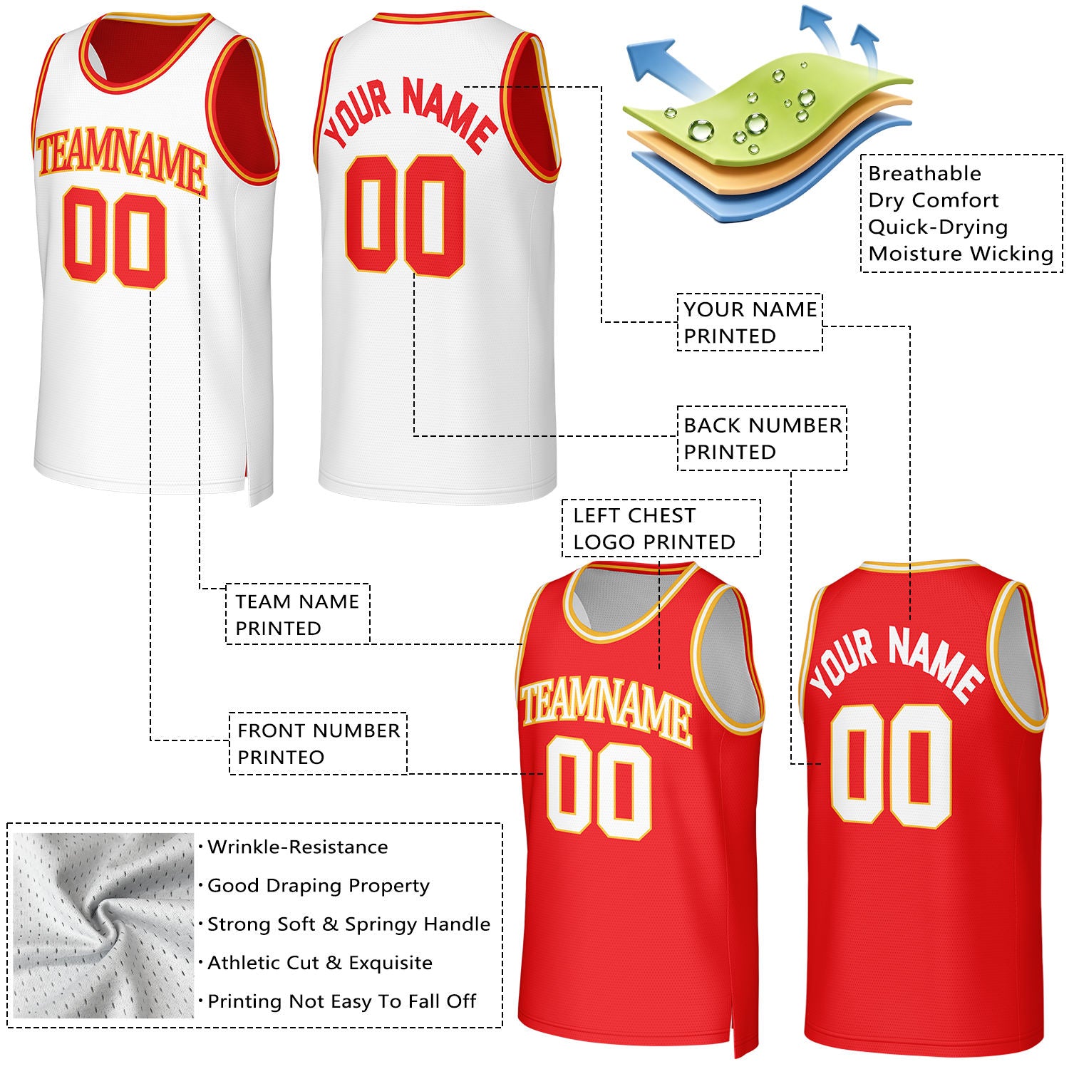 Custom White & Red Reversible Basketball Jersey | Personalized Team Uniform Top
