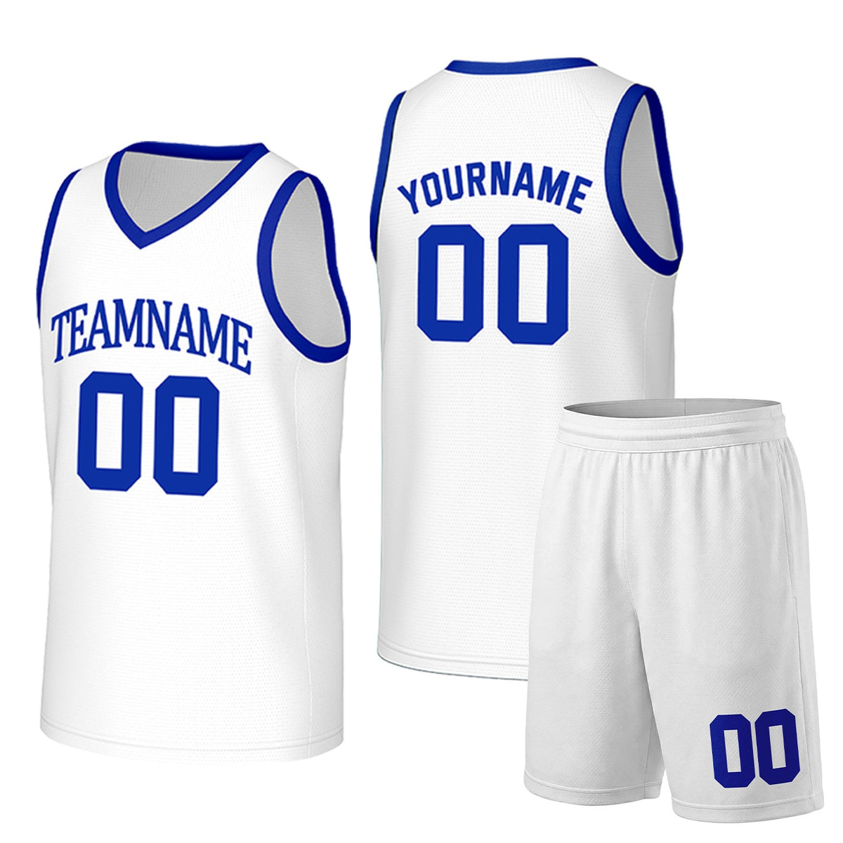 Custom white and royal blue basketball uniform set by Vosoli. Personalized team name, player name, number and logo. Breathable mesh jersey and shorts for high school, college and AAU teams.