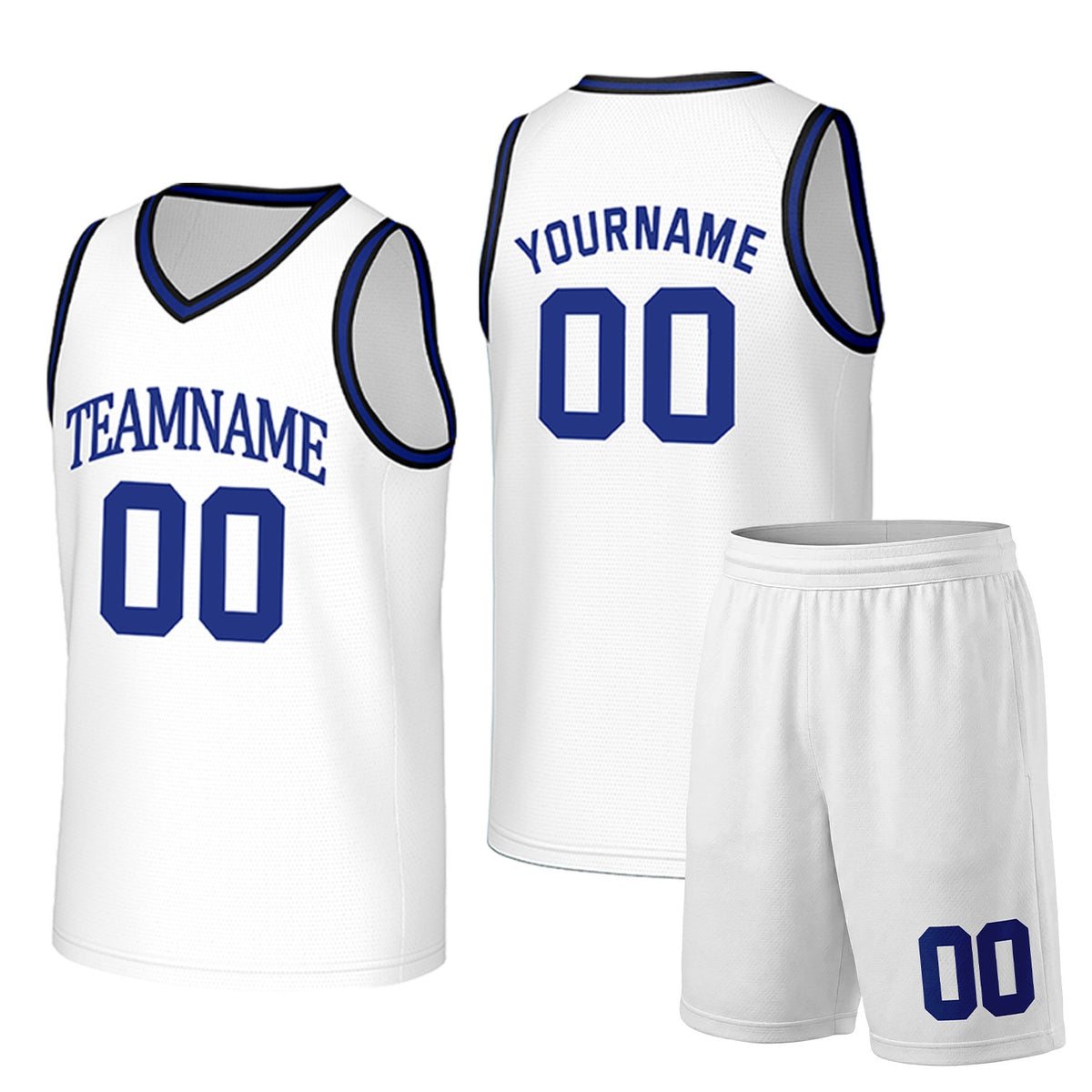 Custom white basketball uniform set with royal blue double trim by Vosoli. Personalized team name, player name, number and logo. Breathable mesh jersey and shorts for high school, college and AAU teams.
