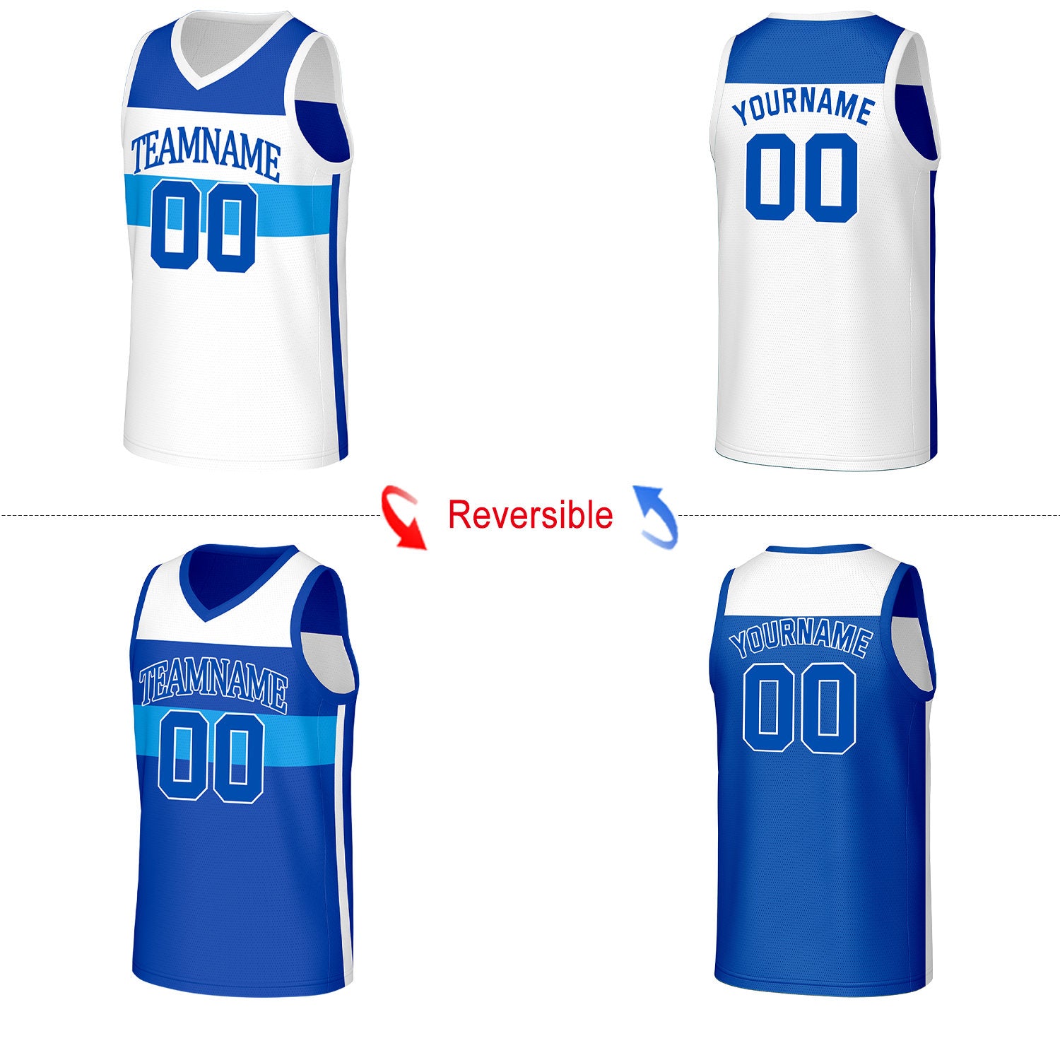 Custom White Royal‑Blue Color‑Block Reversible Basketball Jersey | Personalized Name Number Mesh Sports Jersey
