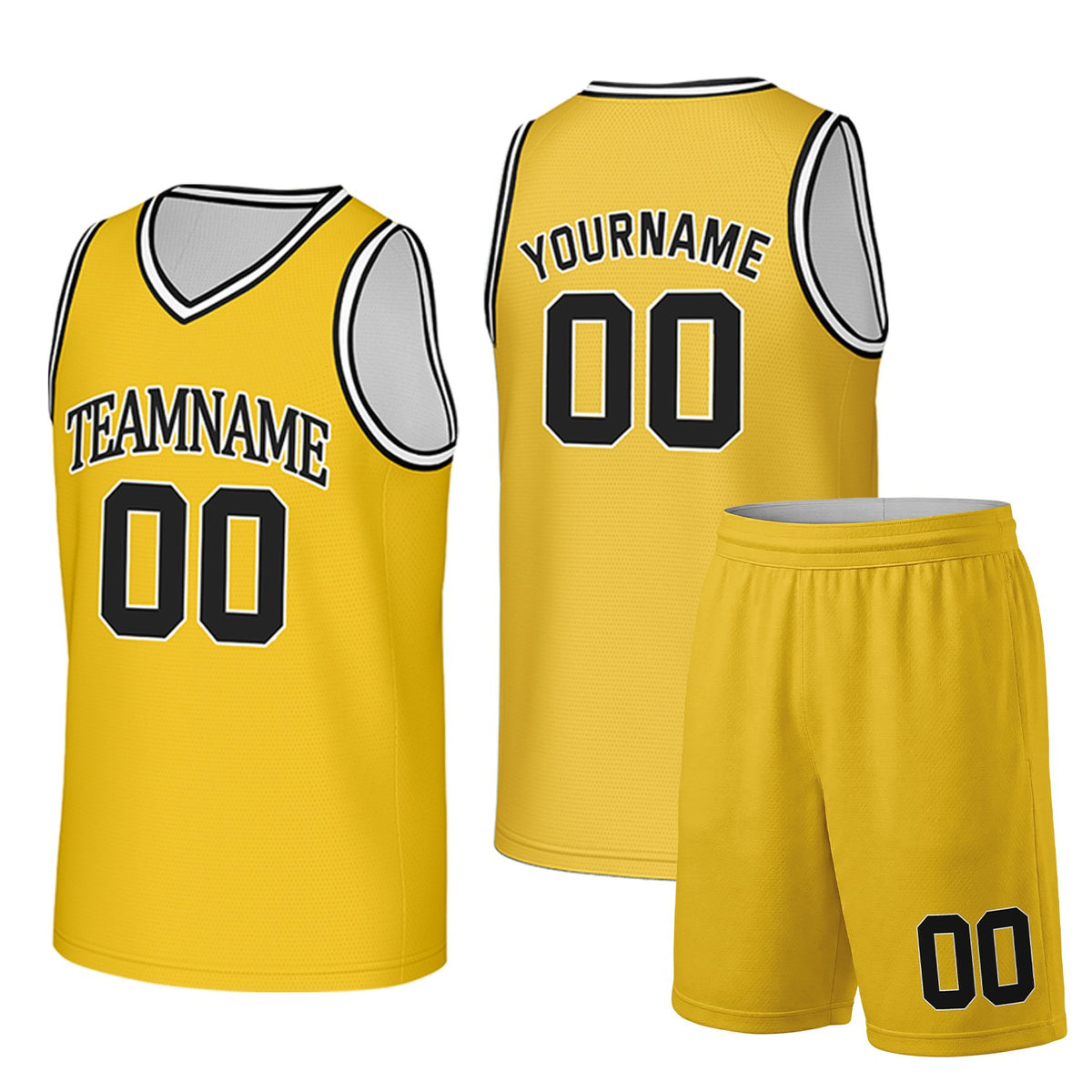 Custom yellow and black basketball uniform set by Vosoli. Personalized team name, player name, number and logo. Breathable mesh jersey and shorts for high school, college and AAU teams.