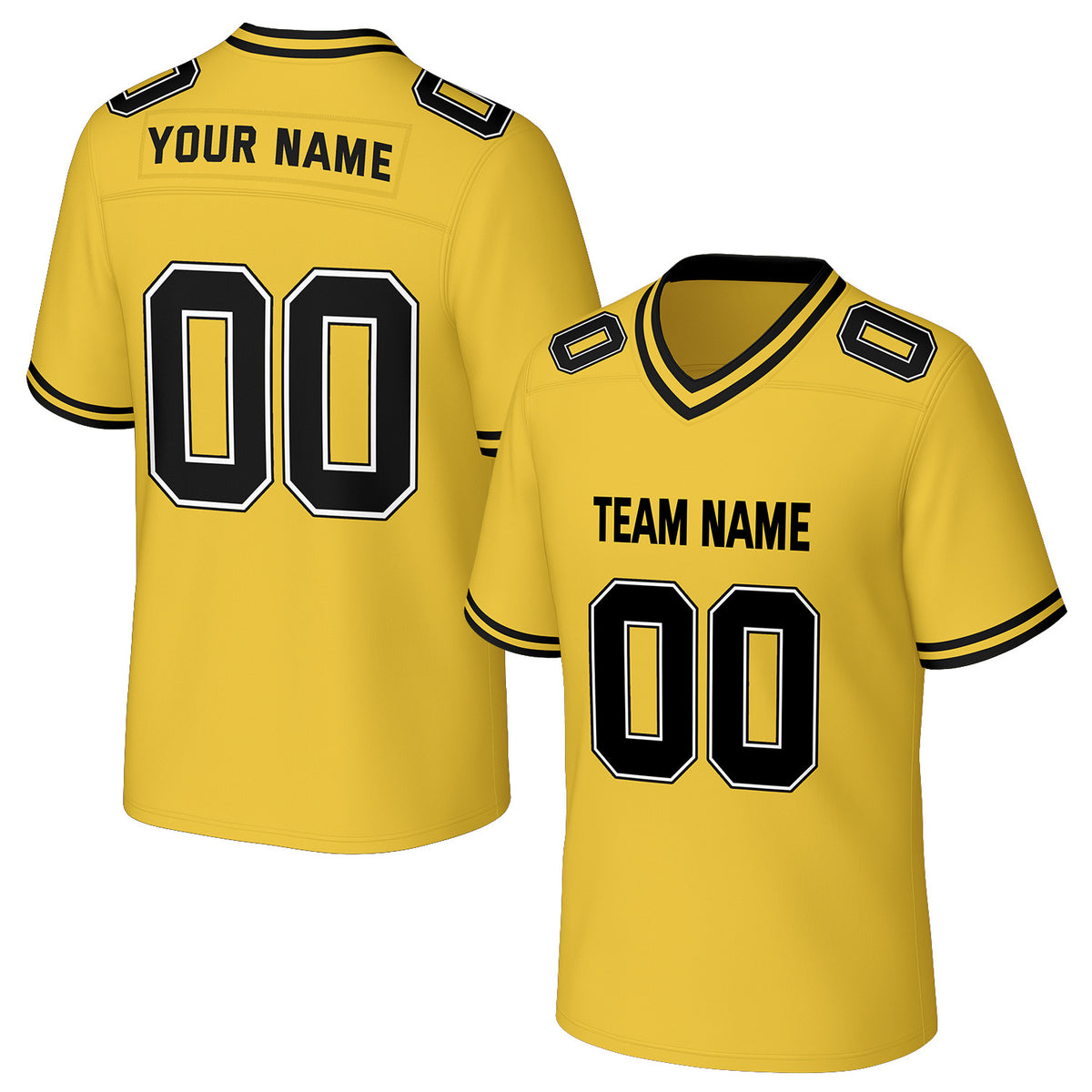Custom yellow &amp; black football jersey by Vosoli. Personalized with team name, number, and logo. Breathable mesh jersey for high school, college, football teams.
