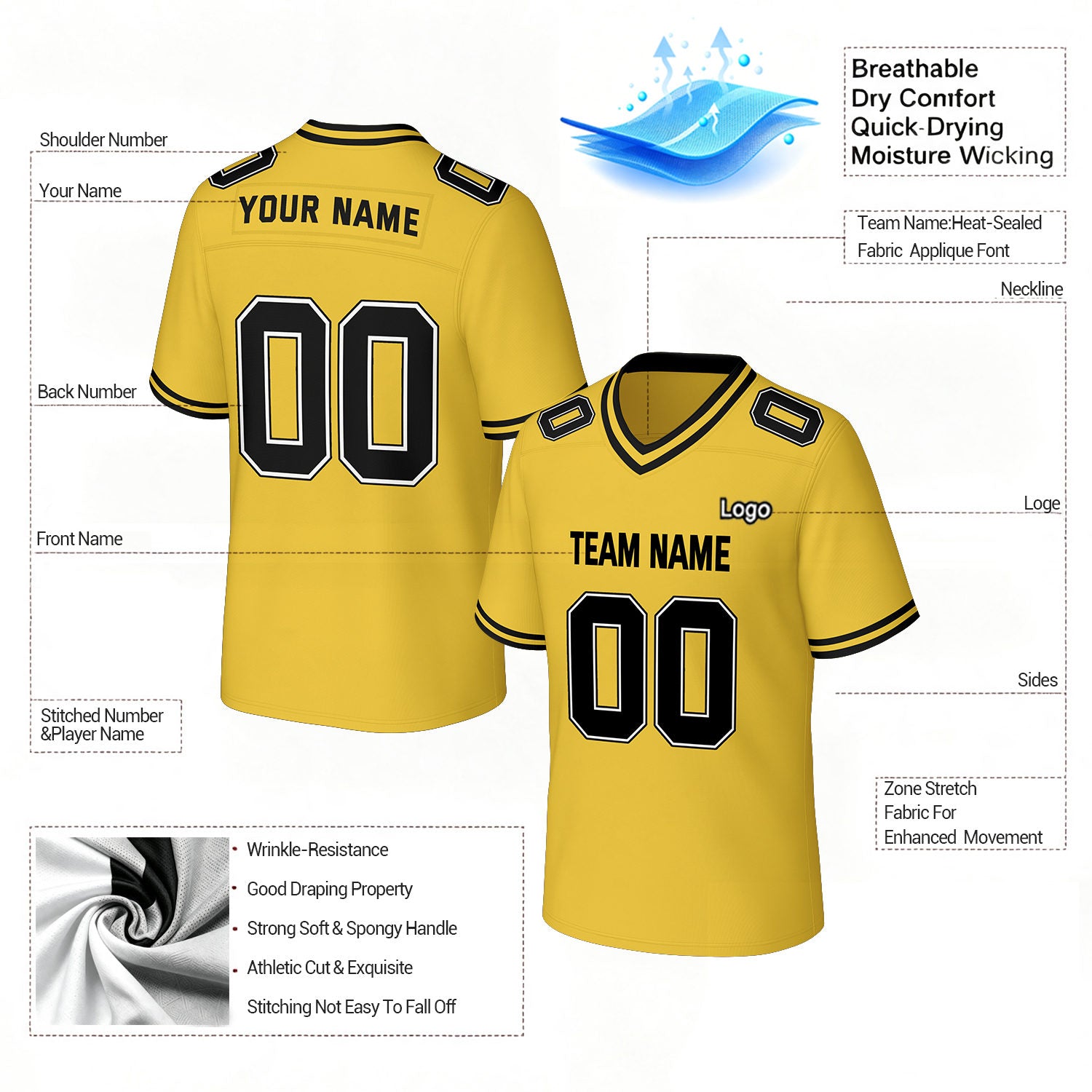Custom Yellow & Black Football Jersey | Personalized Football Team Uniform Top
