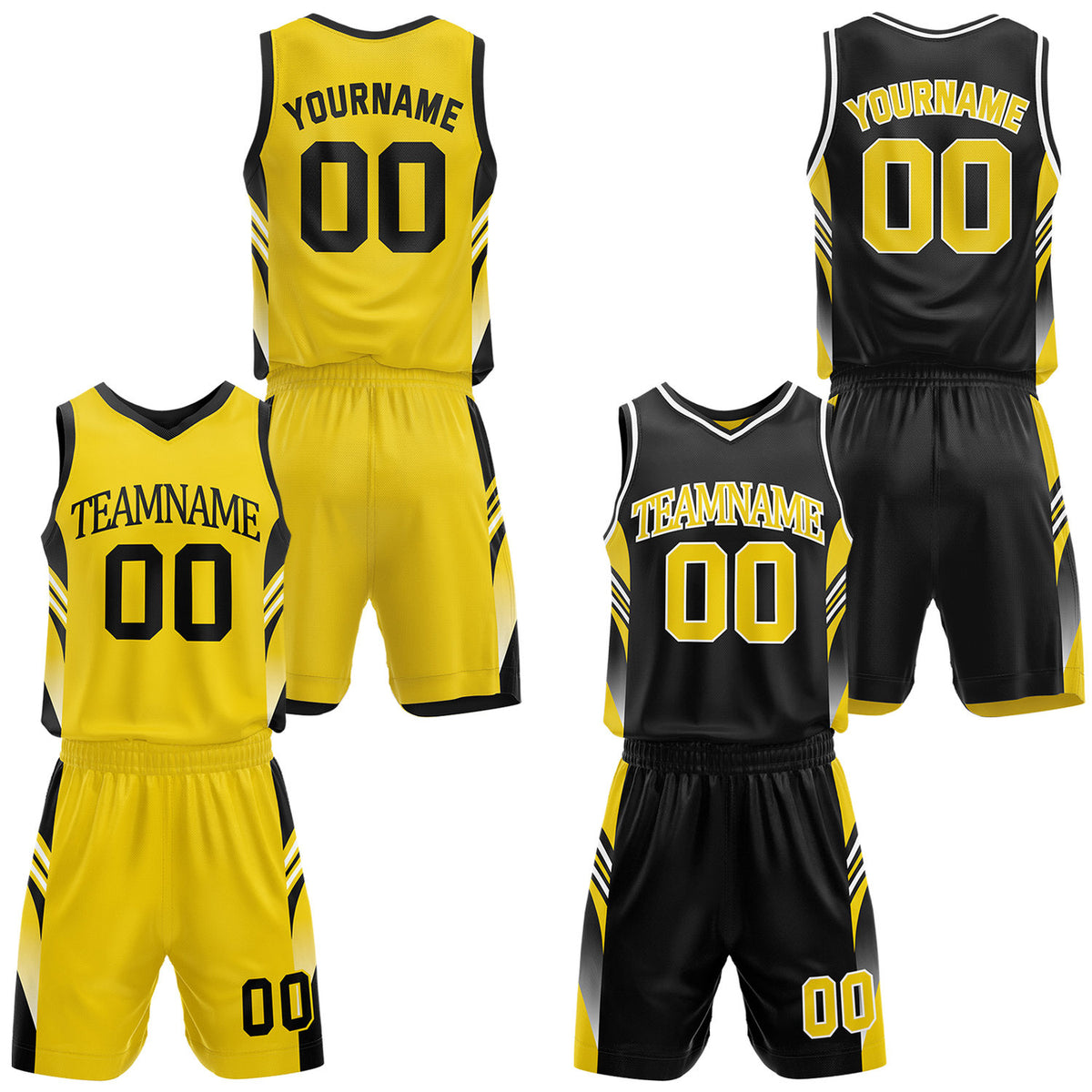 Custom yellow and black reversible basketball uniform by Vosoli. Personalized with team name, number, and logo. Breathable mesh jersey and shorts for high school, college, AAU teams.