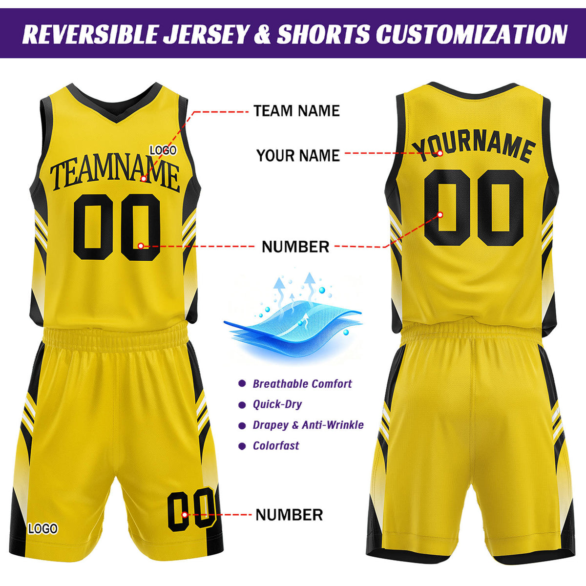 Custom Yellow & Black Reversible Basketball Uniform Set | Personalized Team Jersey Kit