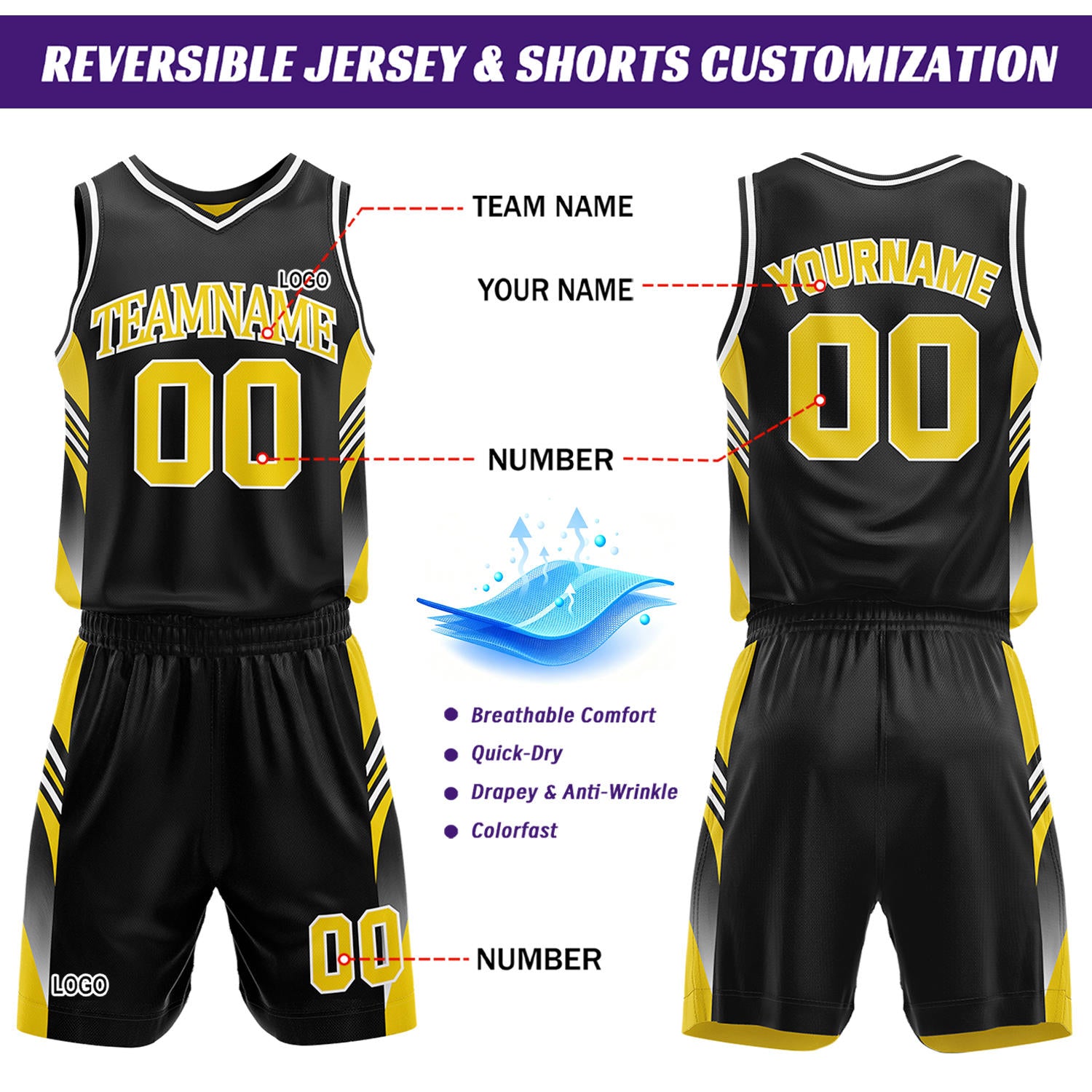 Custom Yellow & Black Reversible Basketball Uniform Set | Personalized Team Jersey Kit