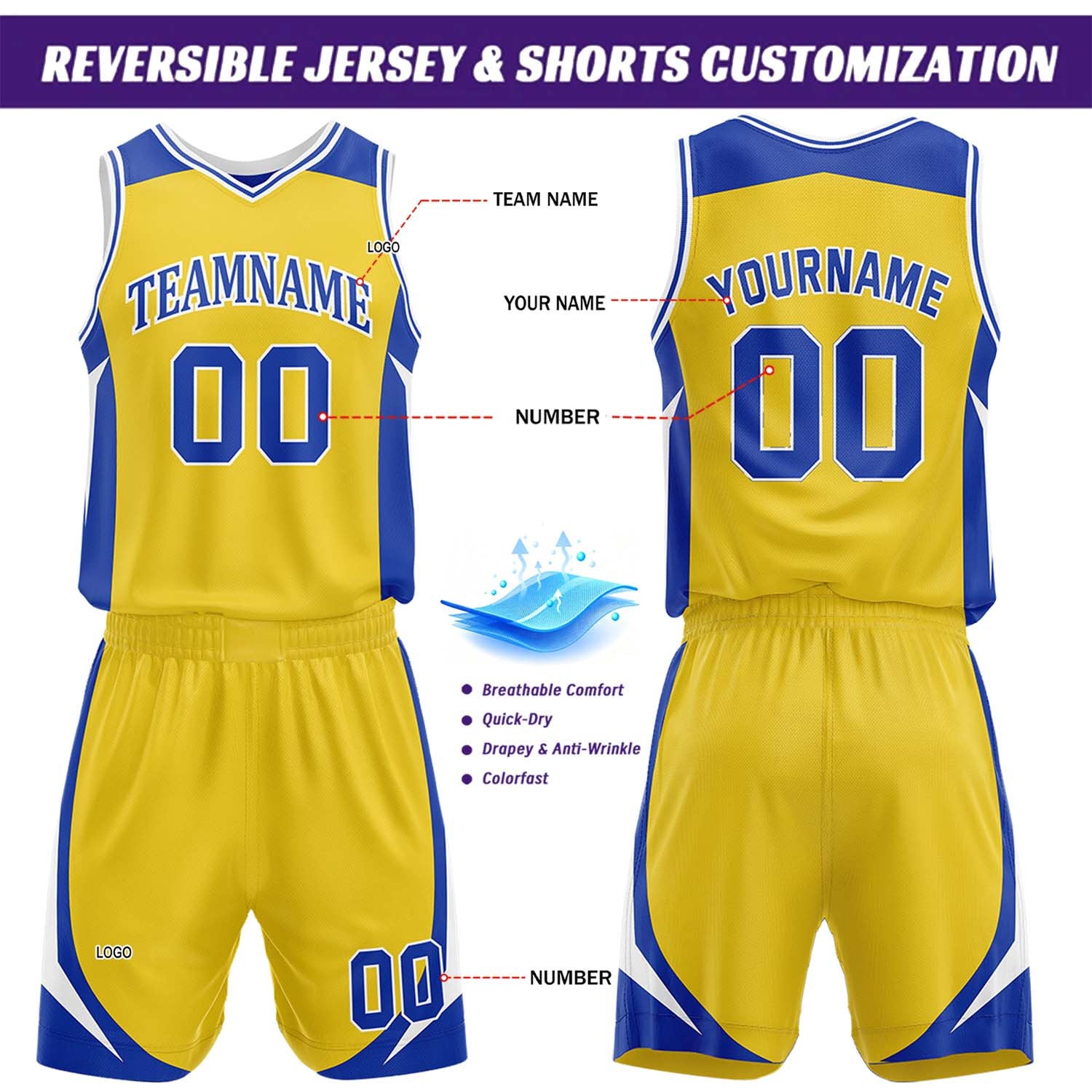 Custom Yellow & Blue Reversible Basketball Jersey Short Set | Personalized Team Uniforms Set for Adult Youth