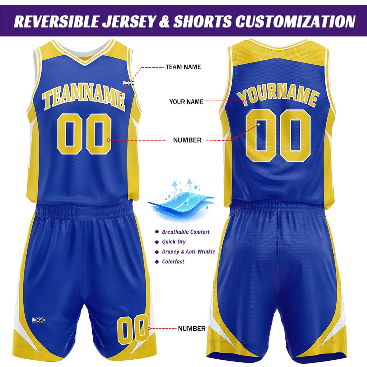 Custom Yellow & Blue Reversible Basketball Jersey Short Set | Personalized Team Uniforms Set for Adult Youth