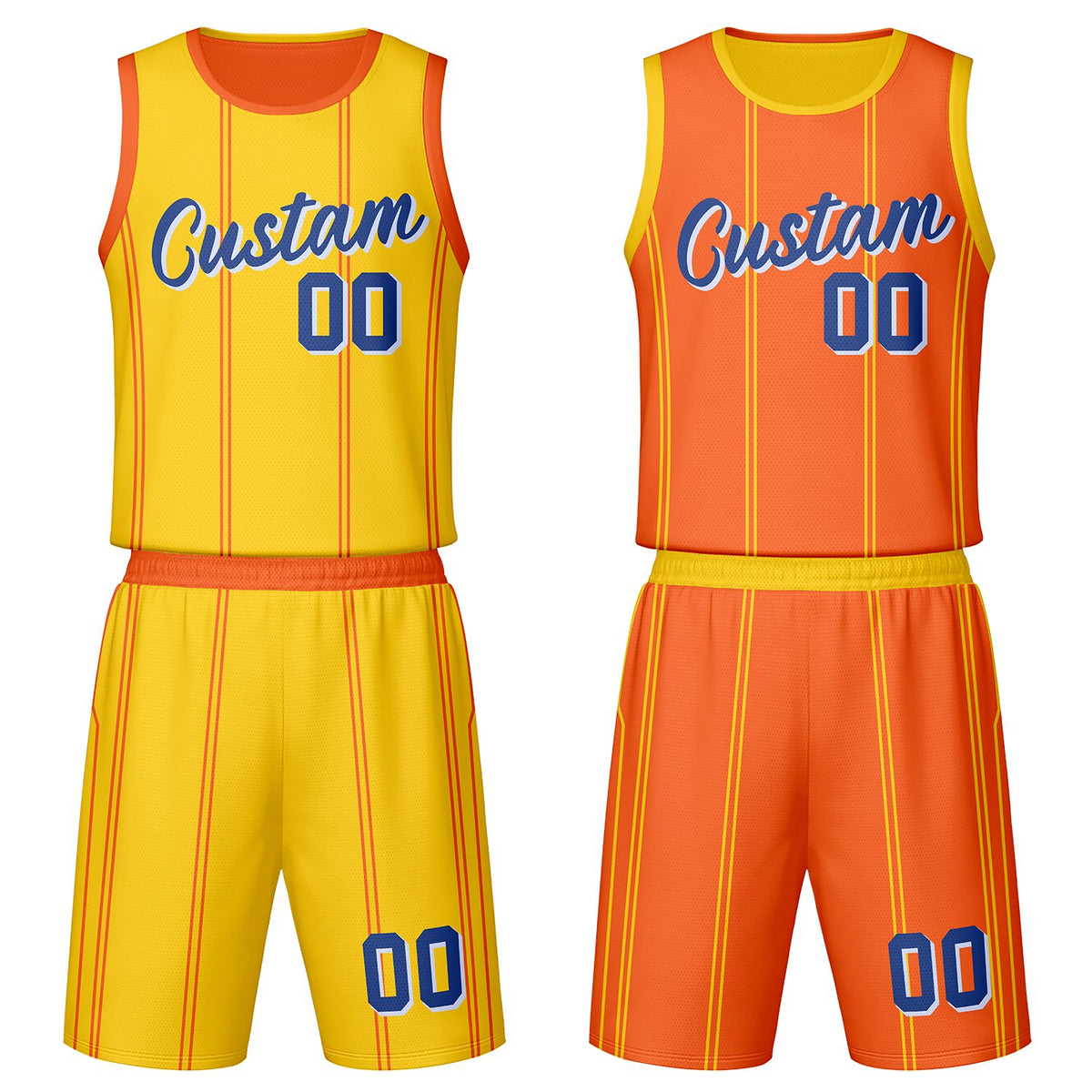 Custom yellow & orange vertical‑stripe reversible basketball jersey set with shorts by Vosoli | Personalized team name, number & logo | Breathable mesh sport jersey uniform