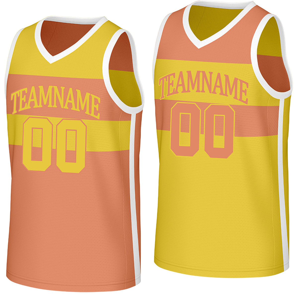 Custom yellow &amp; peach color‑block reversible basketball jersey by Vosoli | Personalized team name, number &amp; logo | Breathable mesh reversible sport jersey