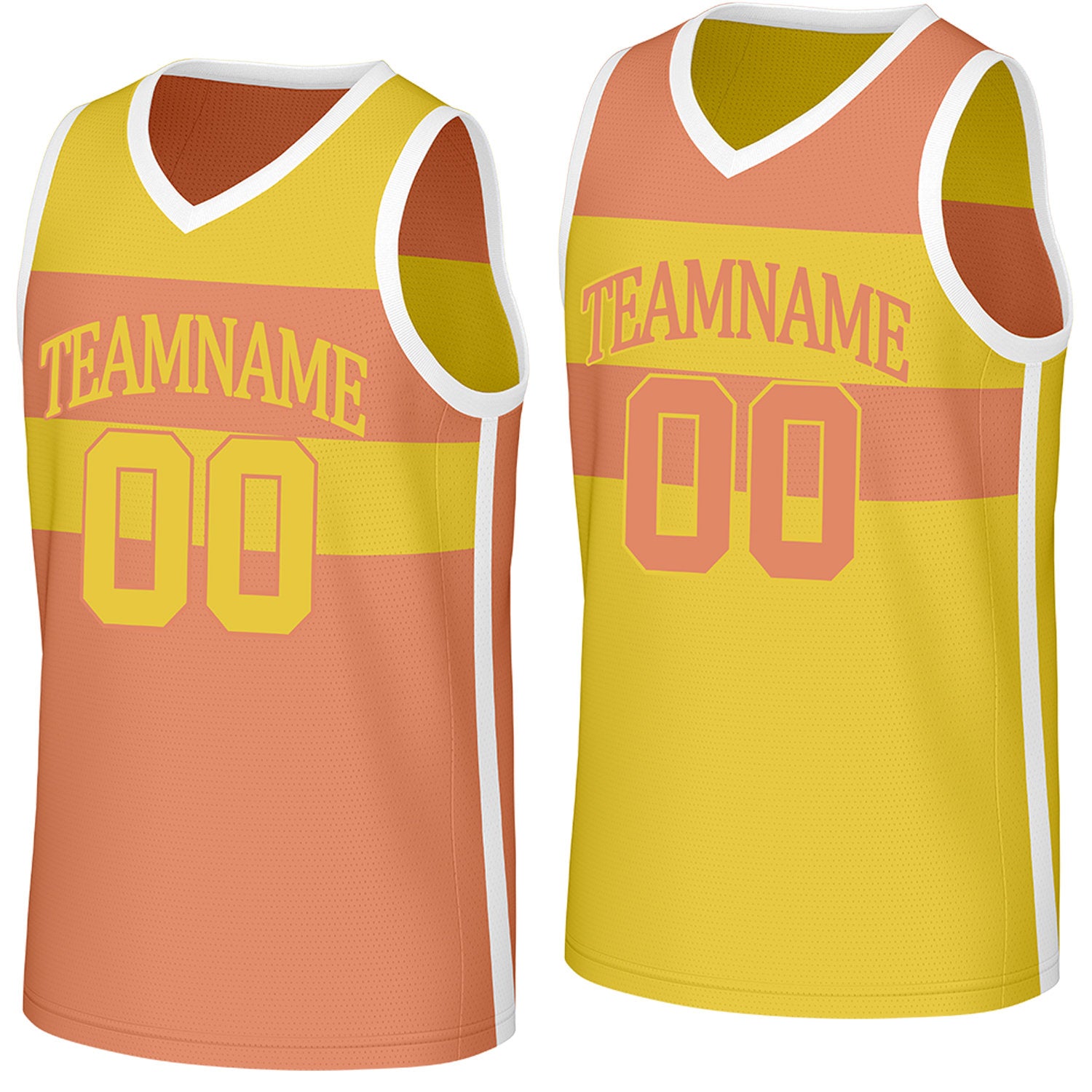 Custom yellow & peach color‑block reversible basketball jersey by Vosoli | Personalized team name, number & logo | Breathable mesh reversible sport jersey