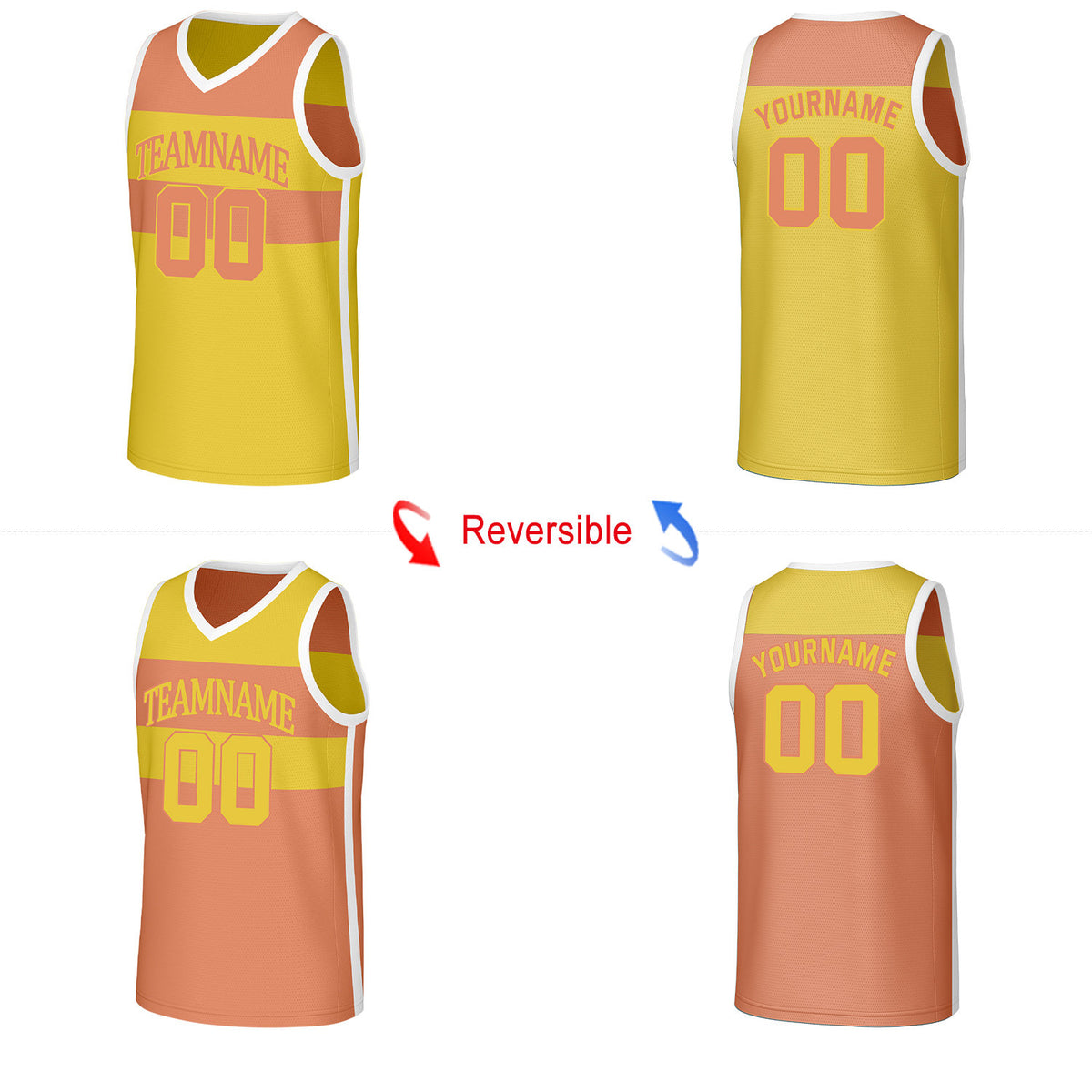 Custom Yellow Peach Color‑Block Reversible Basketball Jersey | Personalized Name Number Mesh Sports Jersey