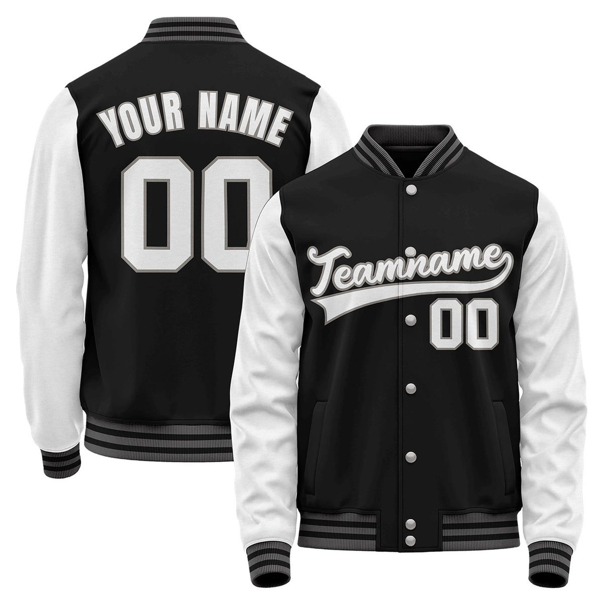 Customized baseball jackets, black and white varsity bomber jacket, personalized team name, player number and custom logo.
