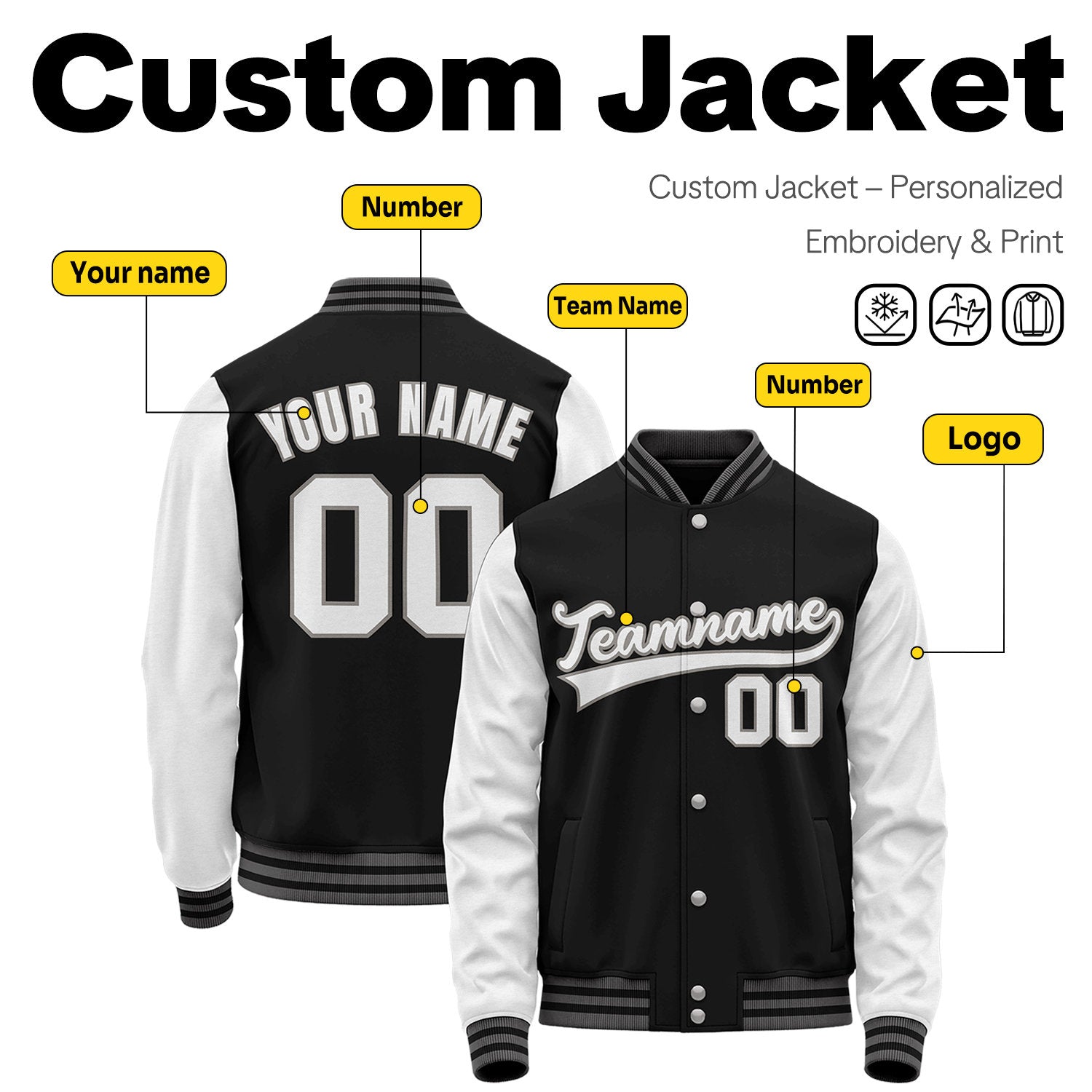 Custom Black & White Two-Tone Varsity Jacket | Personalized Baseball Bomber with Name, Number & Logo