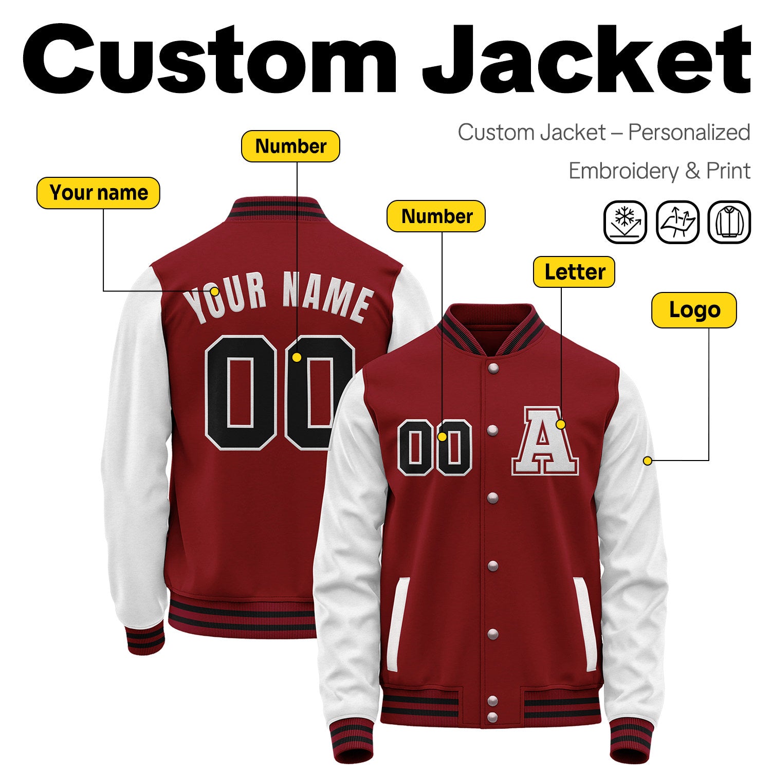 Customized Varsity Jacket with Stitched Name & Number | Maroon & White Personalized Team Letterman Bomber