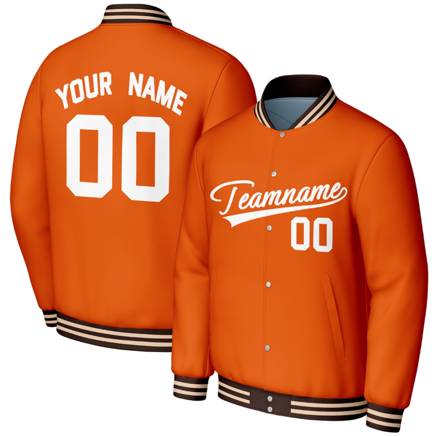 customized orange baseball jackets by Vosoli, personalized stitched name, number & logo, classic button up varsity letterman jacket for high school baseball team and casual wear