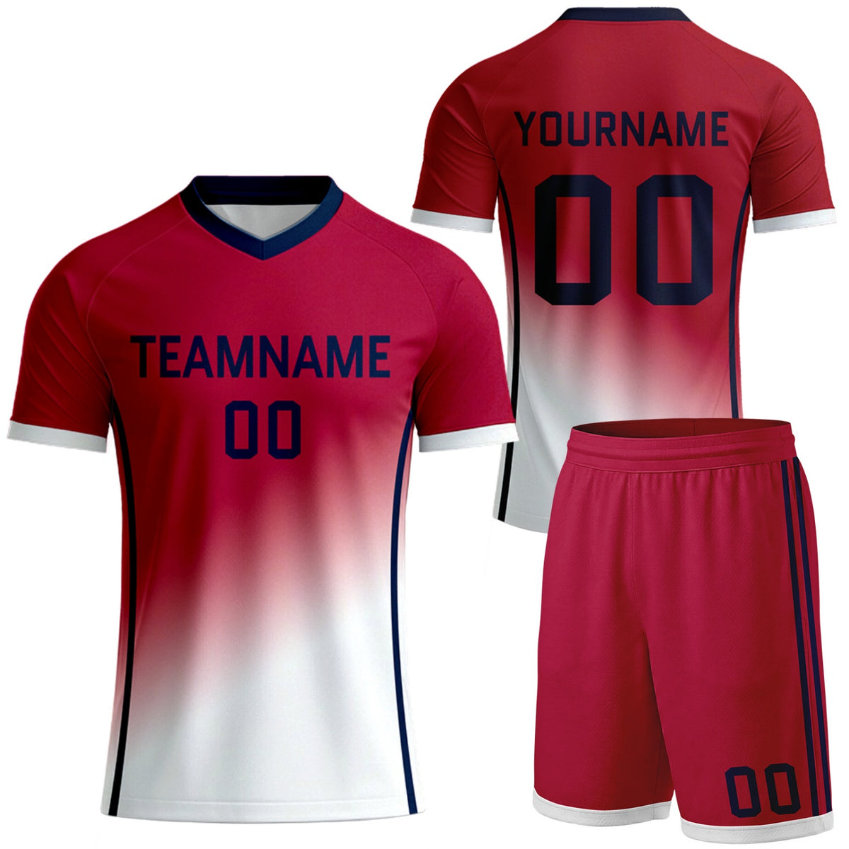 customized red white gradient soccer uniforms by Vosoli, personalized team name, player name &amp; number, breathable short sleeve V-neck soccer jersey with shorts for team soccer games