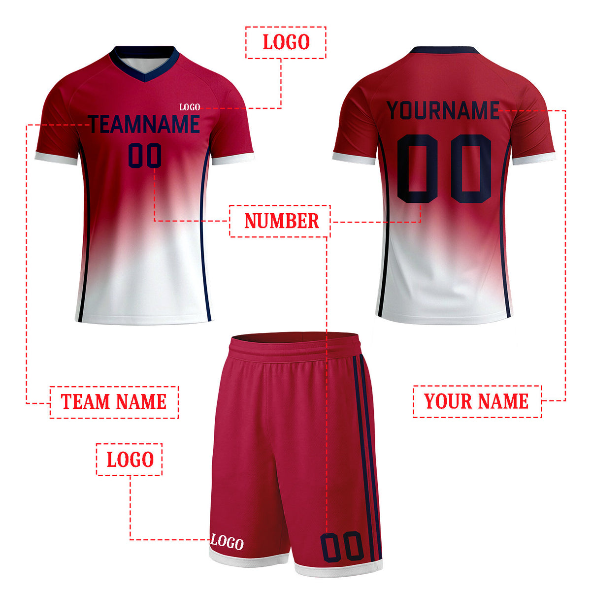 Customized Red & White Gradient Soccer Uniform Set | Personalized Jersey & Shorts for Youth & Adult Soccer Teams